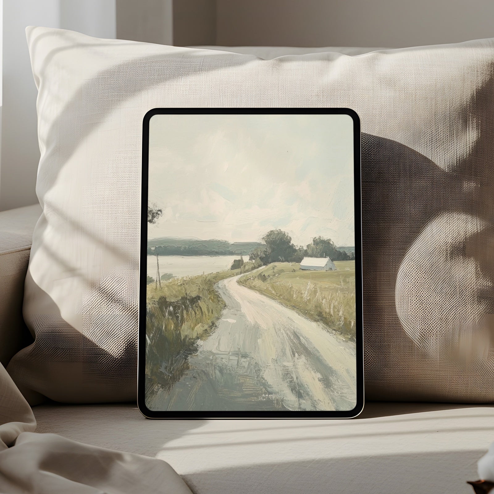 Vintage iPad wallpaper with a countryside road leading to a calm lake, soft muted tones creating a nostalgic, painterly tablet background perfect for a serene digital space