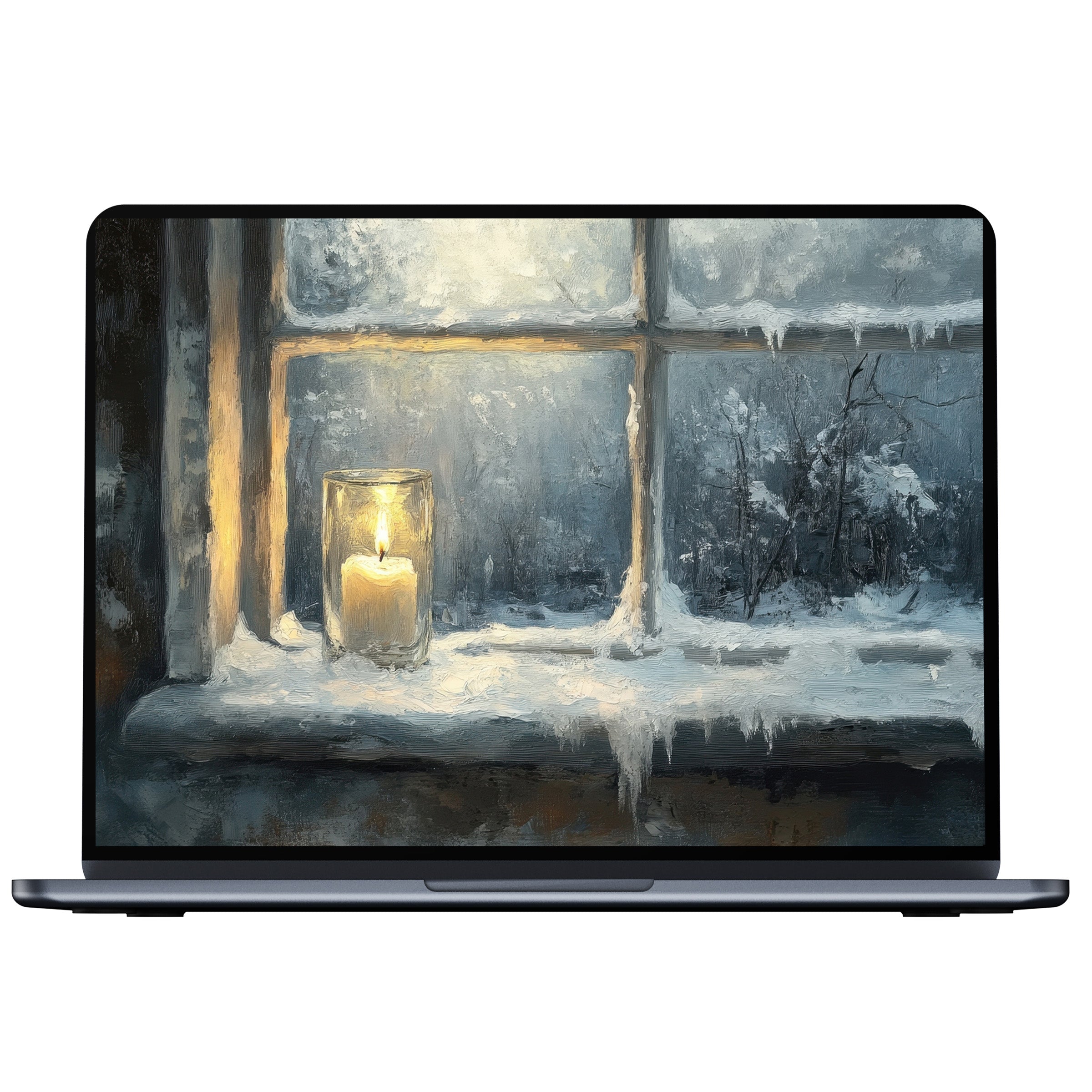 Elegant winter desktop wallpaper depicting a glowing candle by a snow-covered window, perfect digital download for PC and laptop tranquility