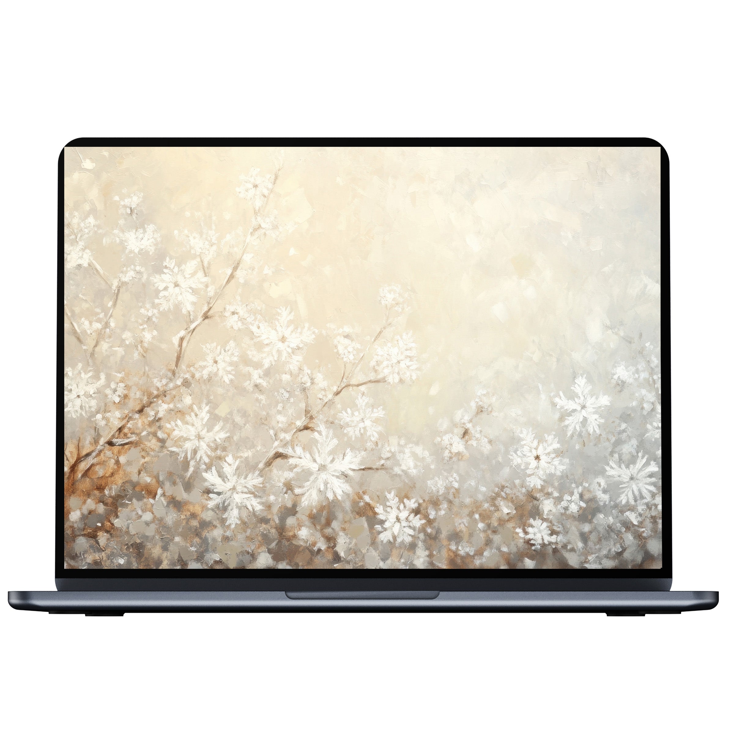 Elegant winter desktop wallpaper with delicate snowflakes and a soft beige tone digital download perfect for pc and laptop display