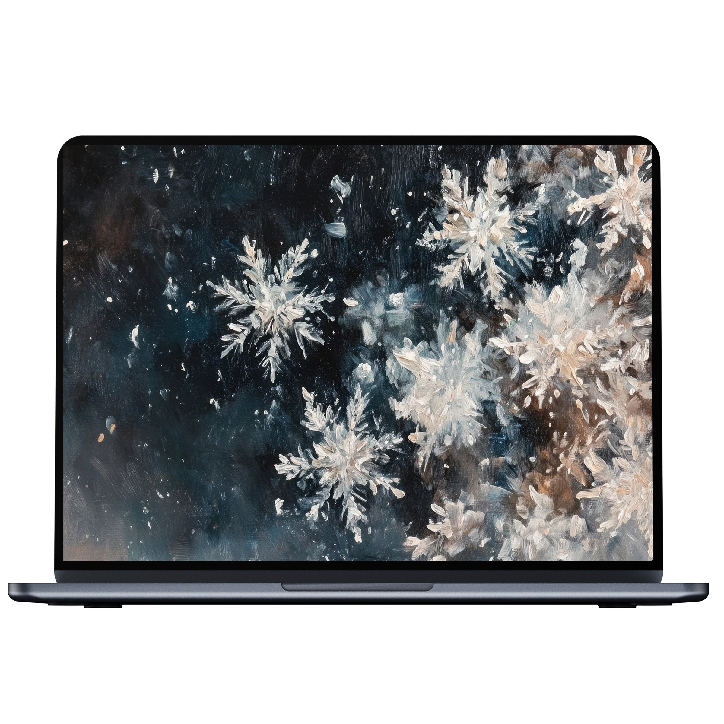 Winter desktop wallpaper digital download features elegant snowflakes on a dark backdrop inspiring calm for PC and laptop users