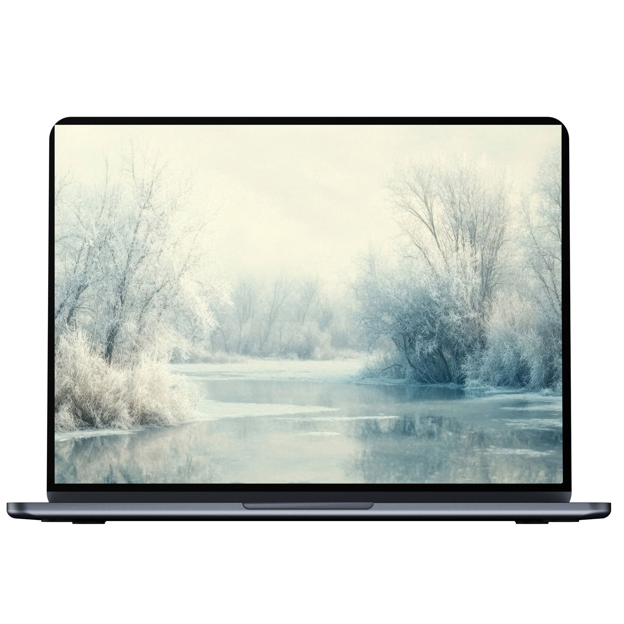 Winter desktop wallpaper showcasing serene frosty trees and a tranquil frozen lake, perfect digital download for PC or laptop ambiance