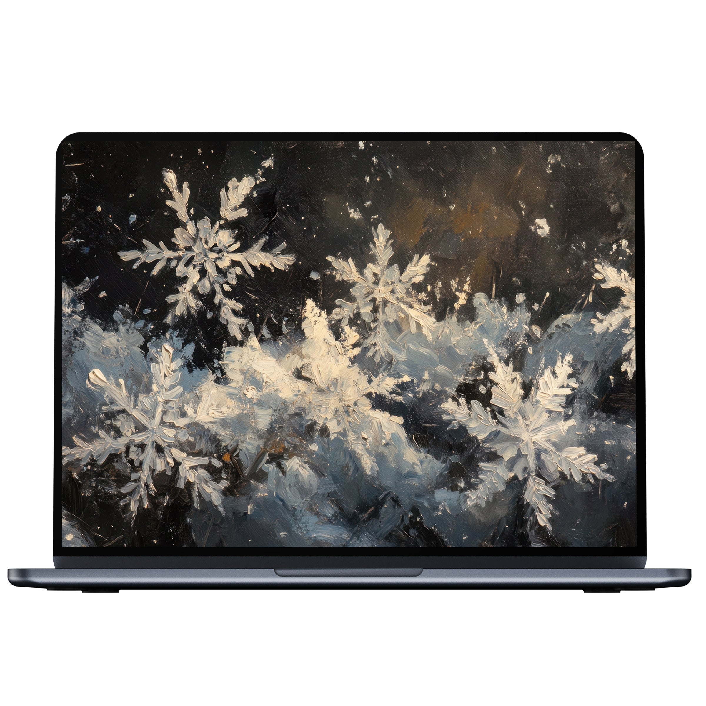 Elegant winter desktop wallpaper digital download with artistic snowflakes on dark canvas offers calm inspiration for PC or laptop