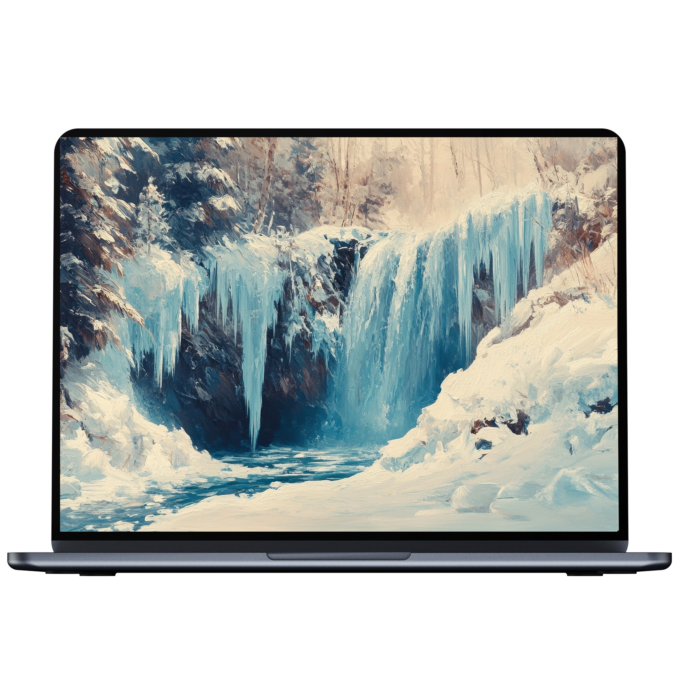 Inspire tranquility with this winter desktop wallpaper featuring an icy waterfall in digital download for PC and laptop use