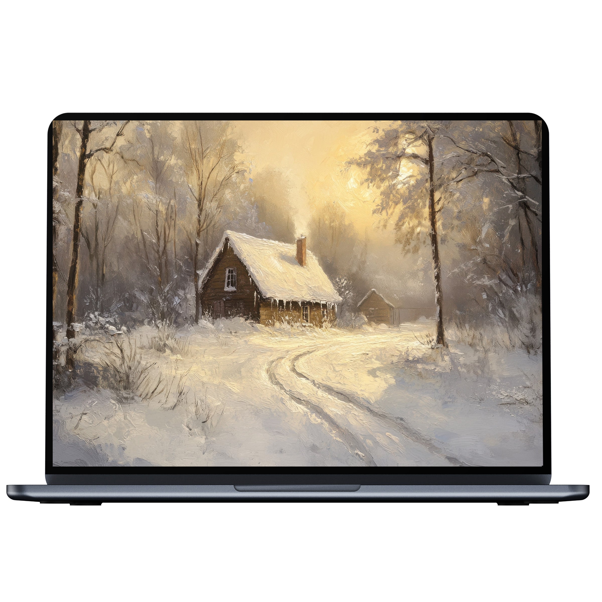 Winter desktop wallpaper digital download featuring a serene snowy forest cabin scene perfect for PC or laptop creating elegant calm