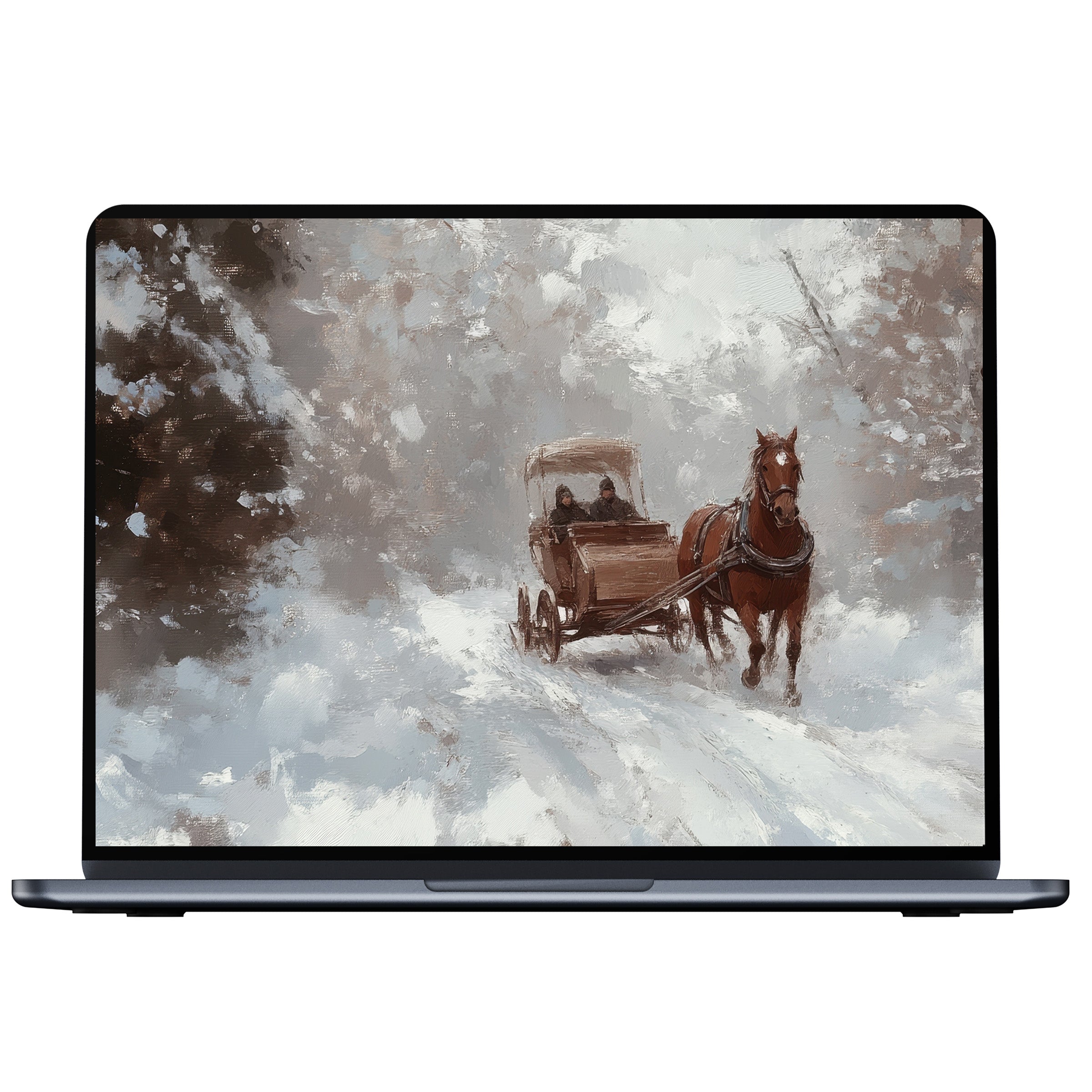 Winter desktop wallpaper featuring a serene horse-drawn carriage in snowy woods, perfect digital download for PC and laptop elegance