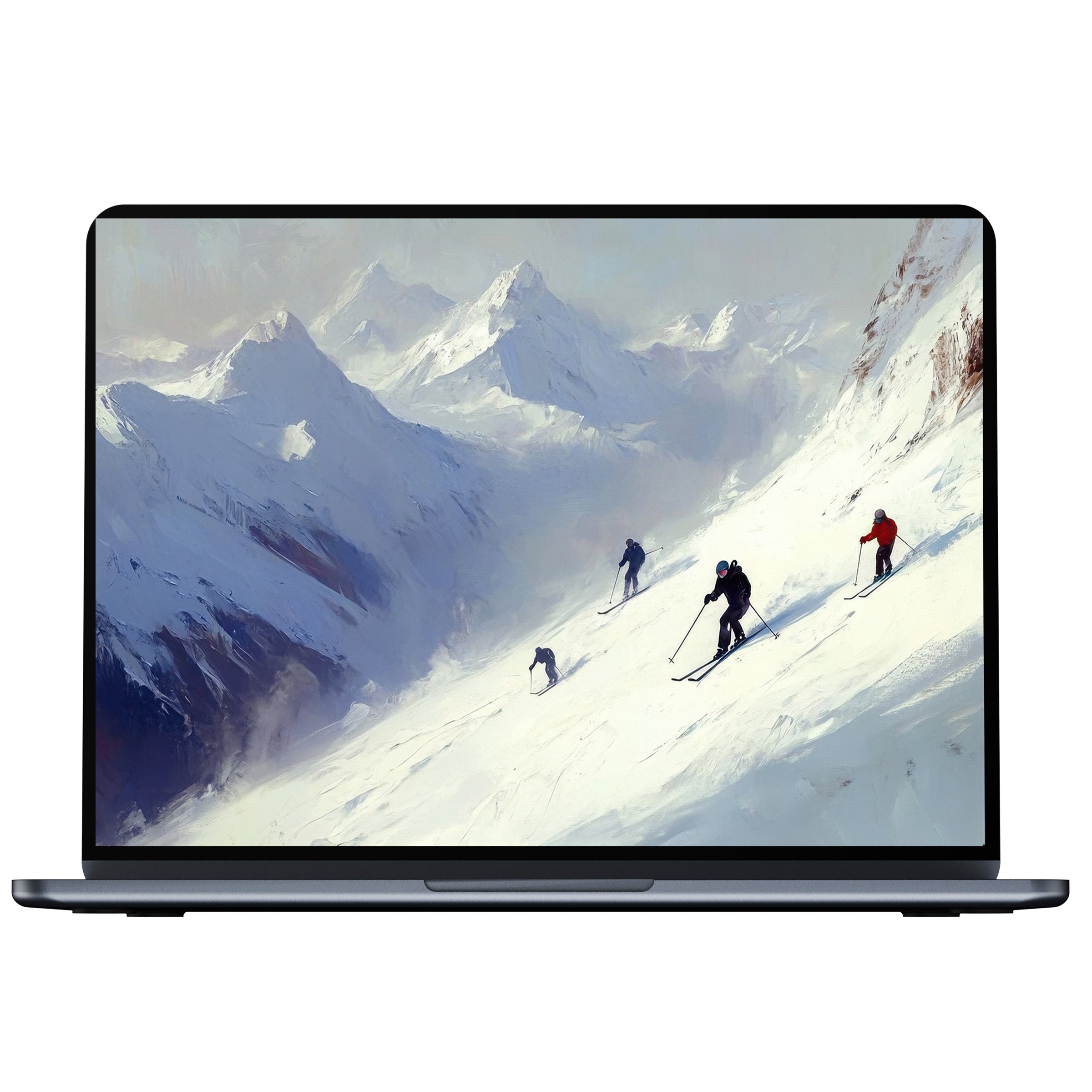 Elegant winter desktop wallpaper digital download of skiers on snowy peaks, inspiring calm and mindfulness for PC, Laptop, Mac