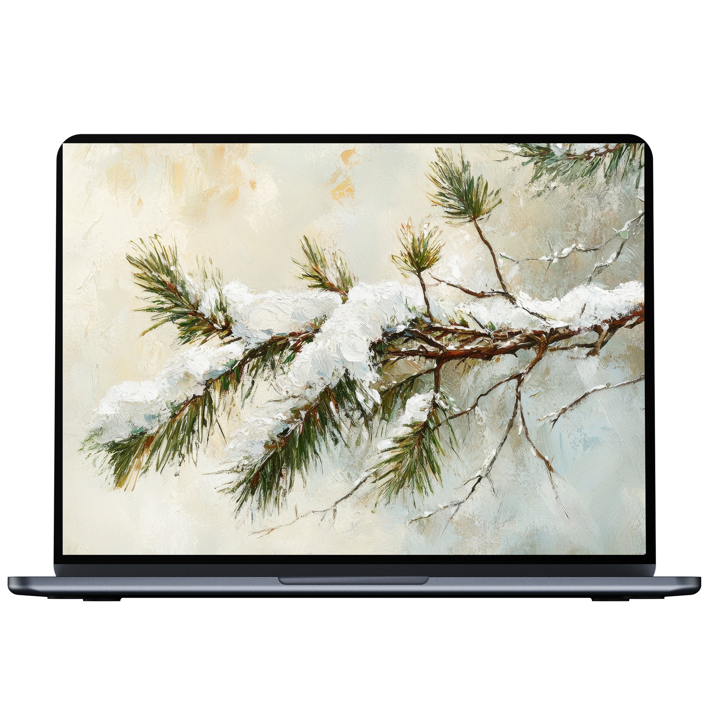 Winter desktop wallpaper with snow-covered pine branch painting creates calm elegance as a digital download for PC, Laptop, Mac