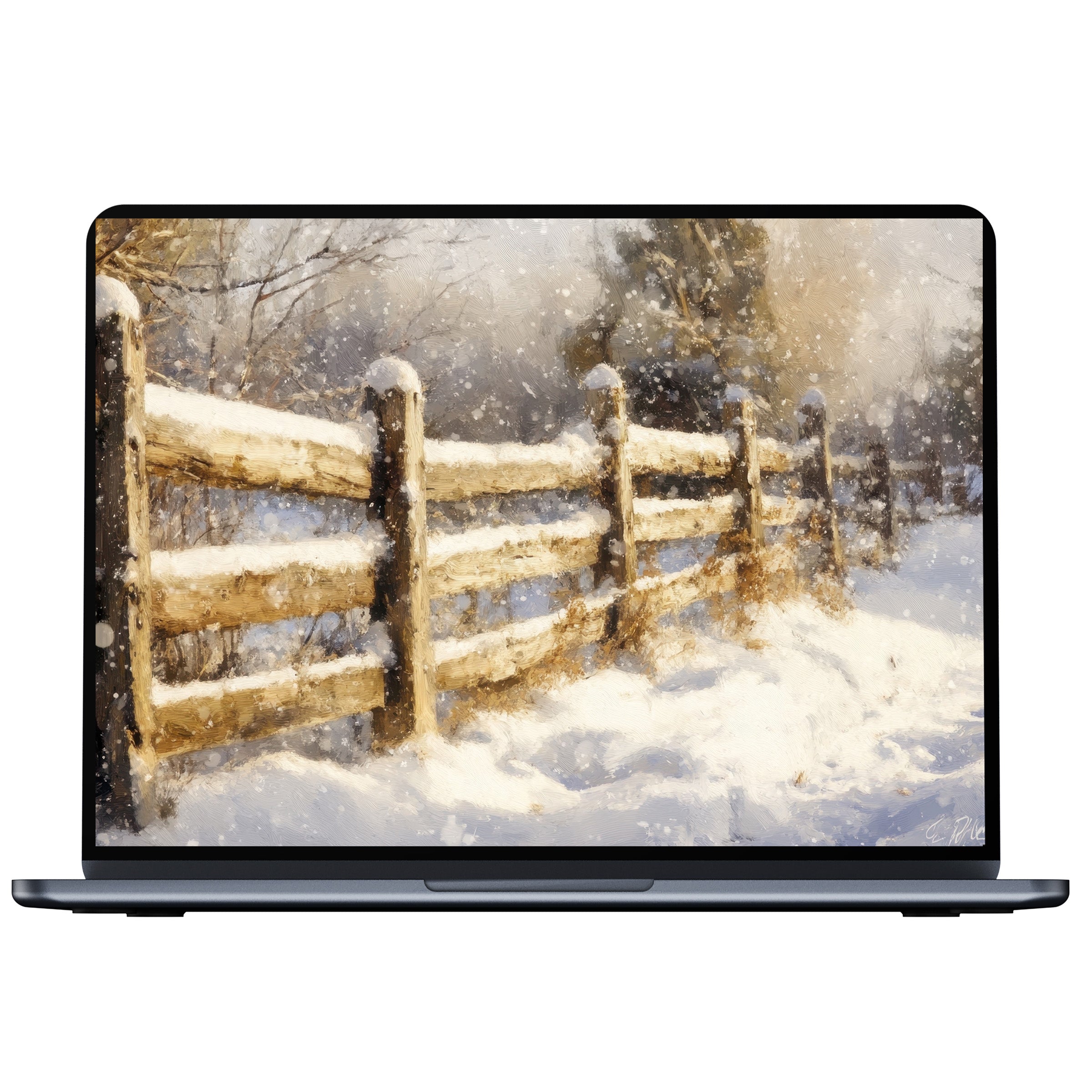Elegant winter desktop wallpaper digital download showcasing a serene snow-covered fence, perfect for PC or laptop screens