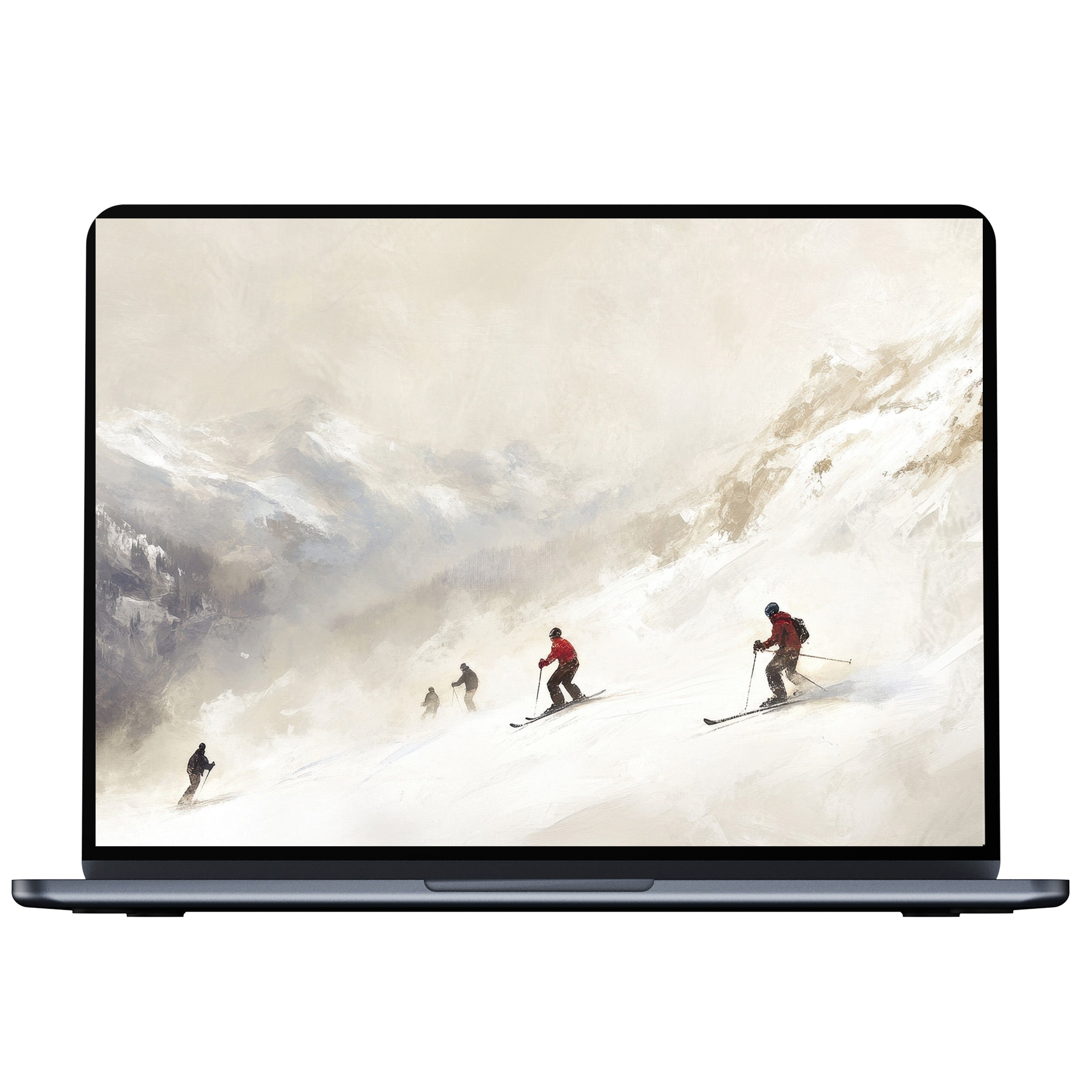 Winter desktop wallpaper with skiers on snowy slopes, offering serene elegance for PC, laptop, and Mac digital download