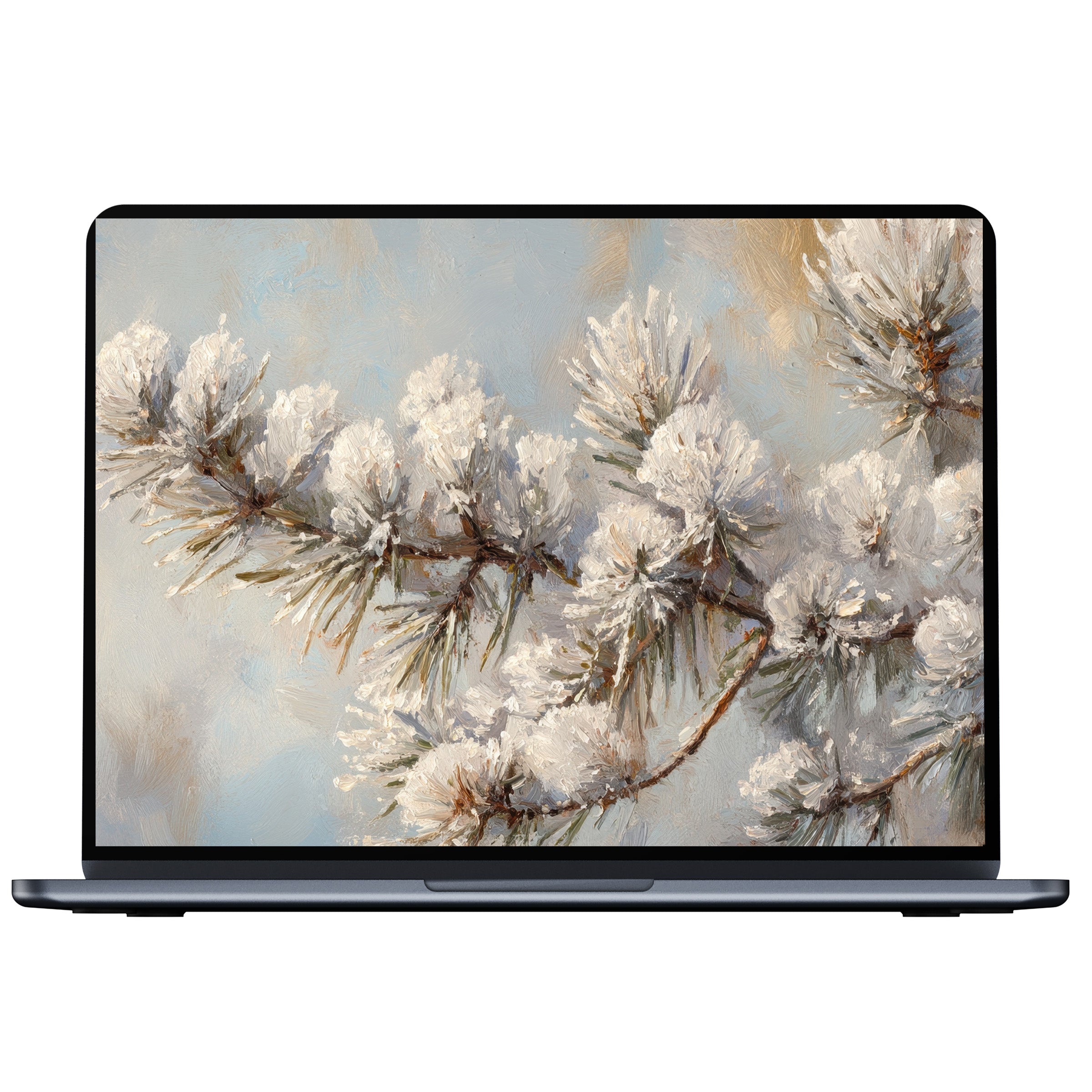 Winter desktop wallpaper digital download with frosty pine branch art offering calm inspiration for PC and laptop screens
