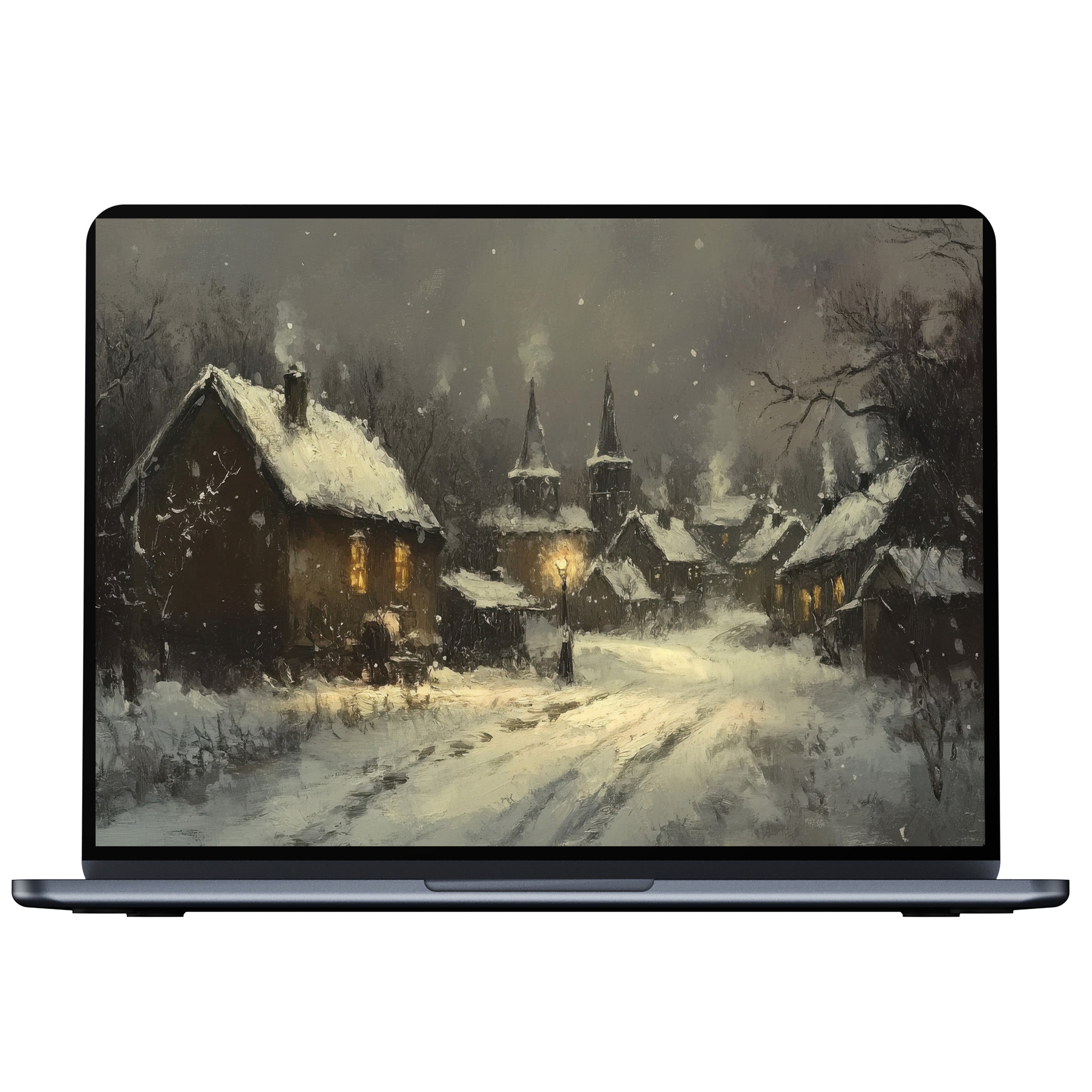 Enchanting winter desktop wallpaper for PC, laptop, digital download, serene snowy village enhances elegance and inspiration