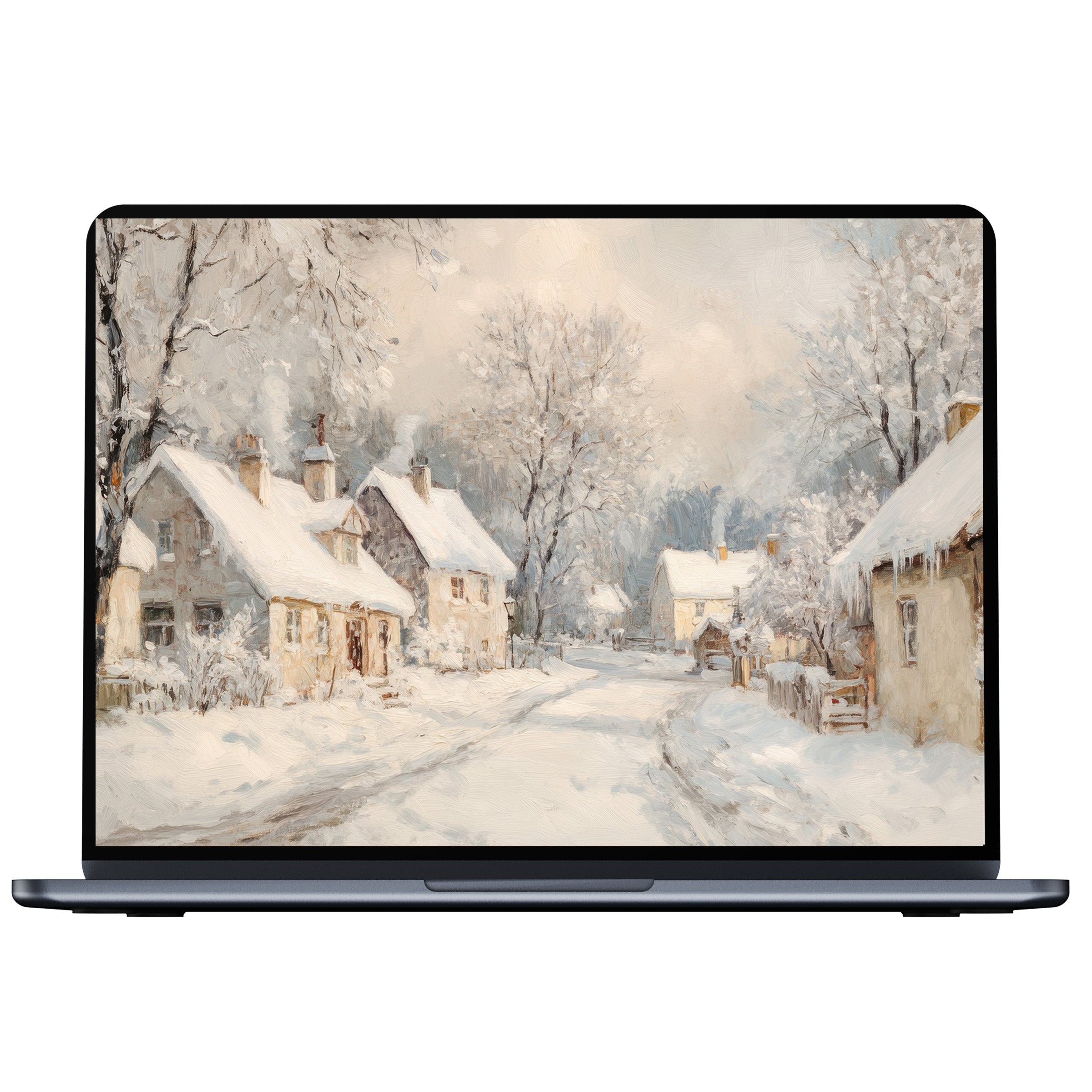 Elegant winter desktop wallpaper digital download featuring serene snow-covered village painting perfect for PC or laptop calm inspiration