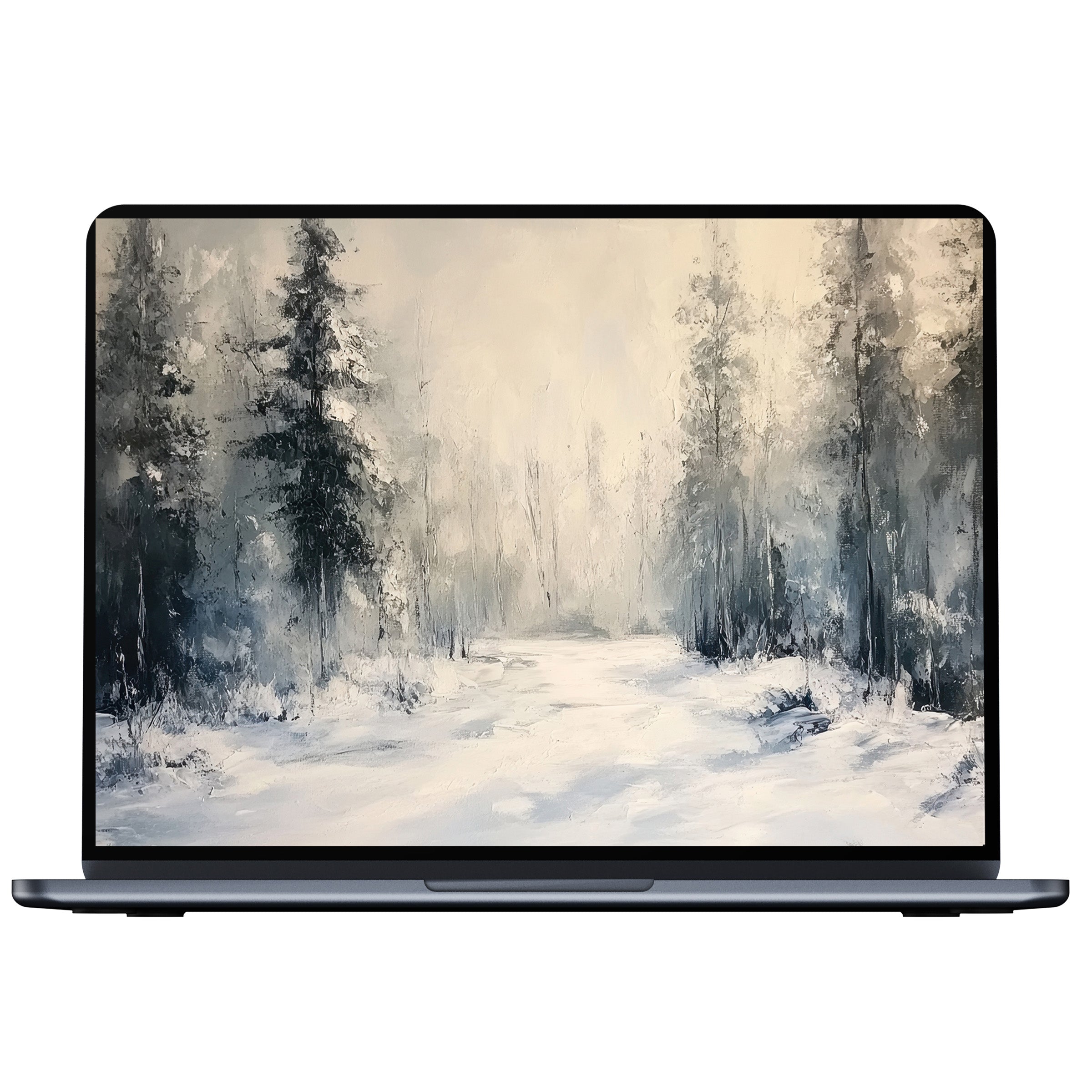 Winter desktop wallpaper digital download featuring serene snowy forest in oil painting style for PC, laptop or Mac screens