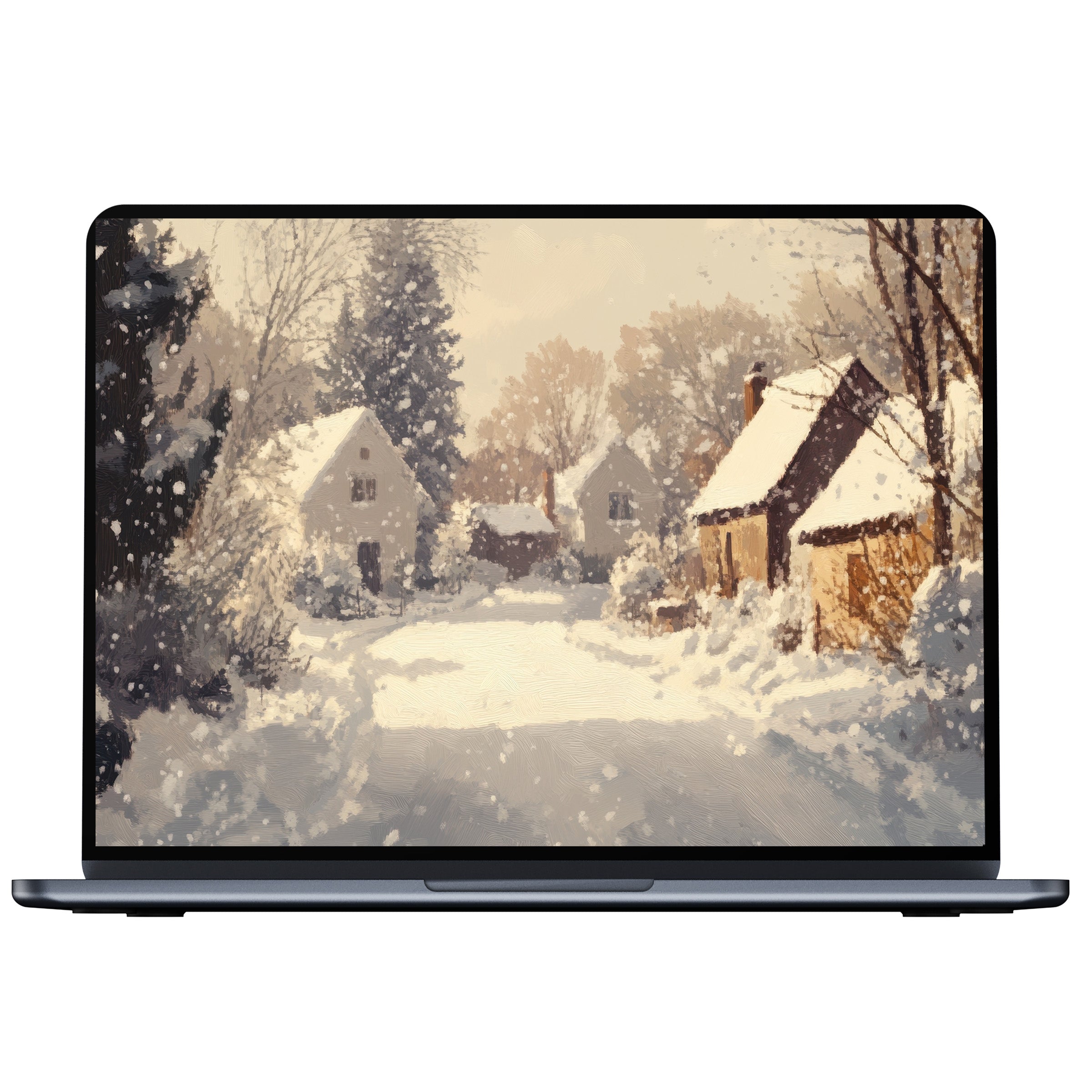 Winter desktop wallpaper digital download showcases serene snowy village; perfect for PC and laptop, inspiring calm and elegance