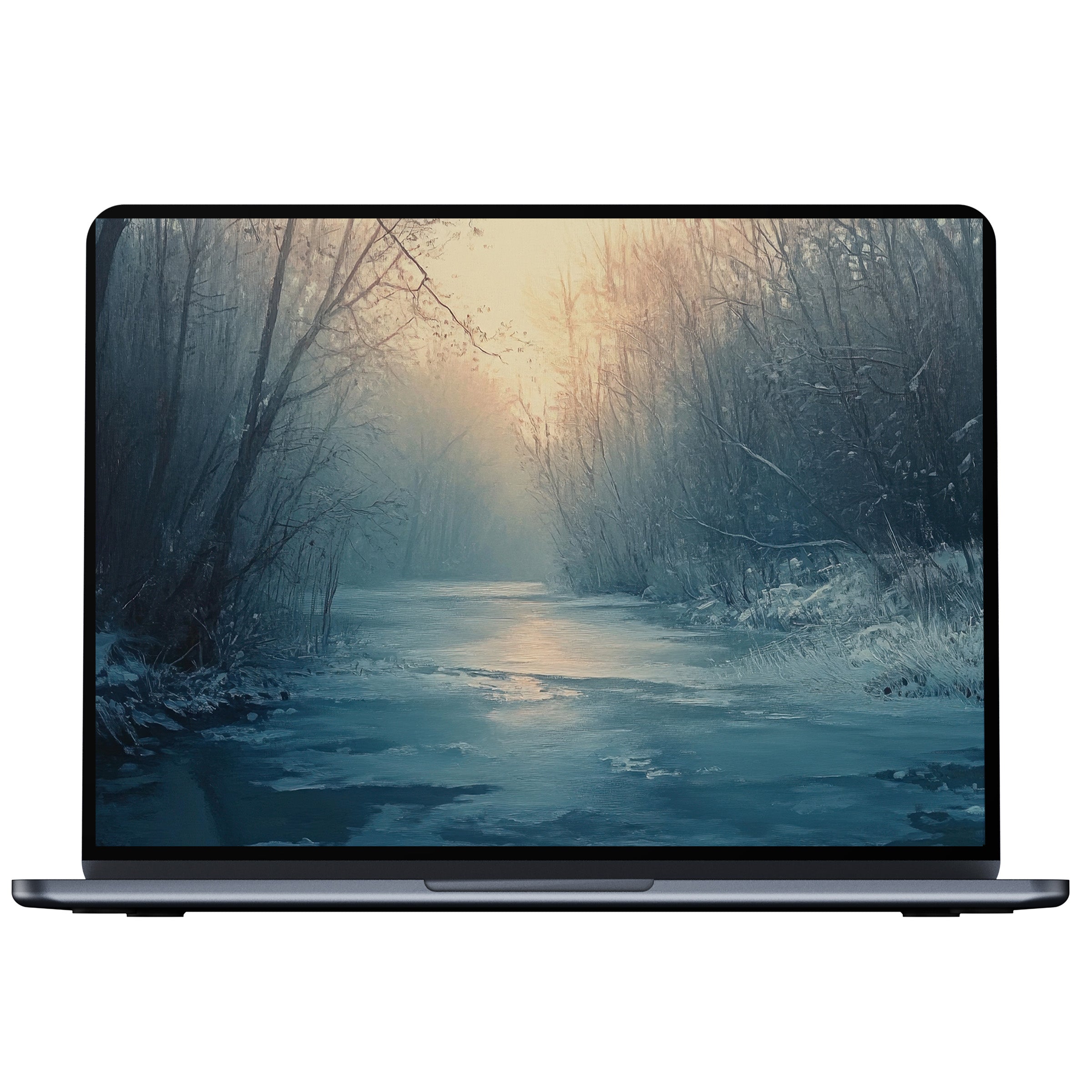 Winter desktop wallpaper digital download featuring serene frosty forest and river in soft light perfect for PC and laptop screens