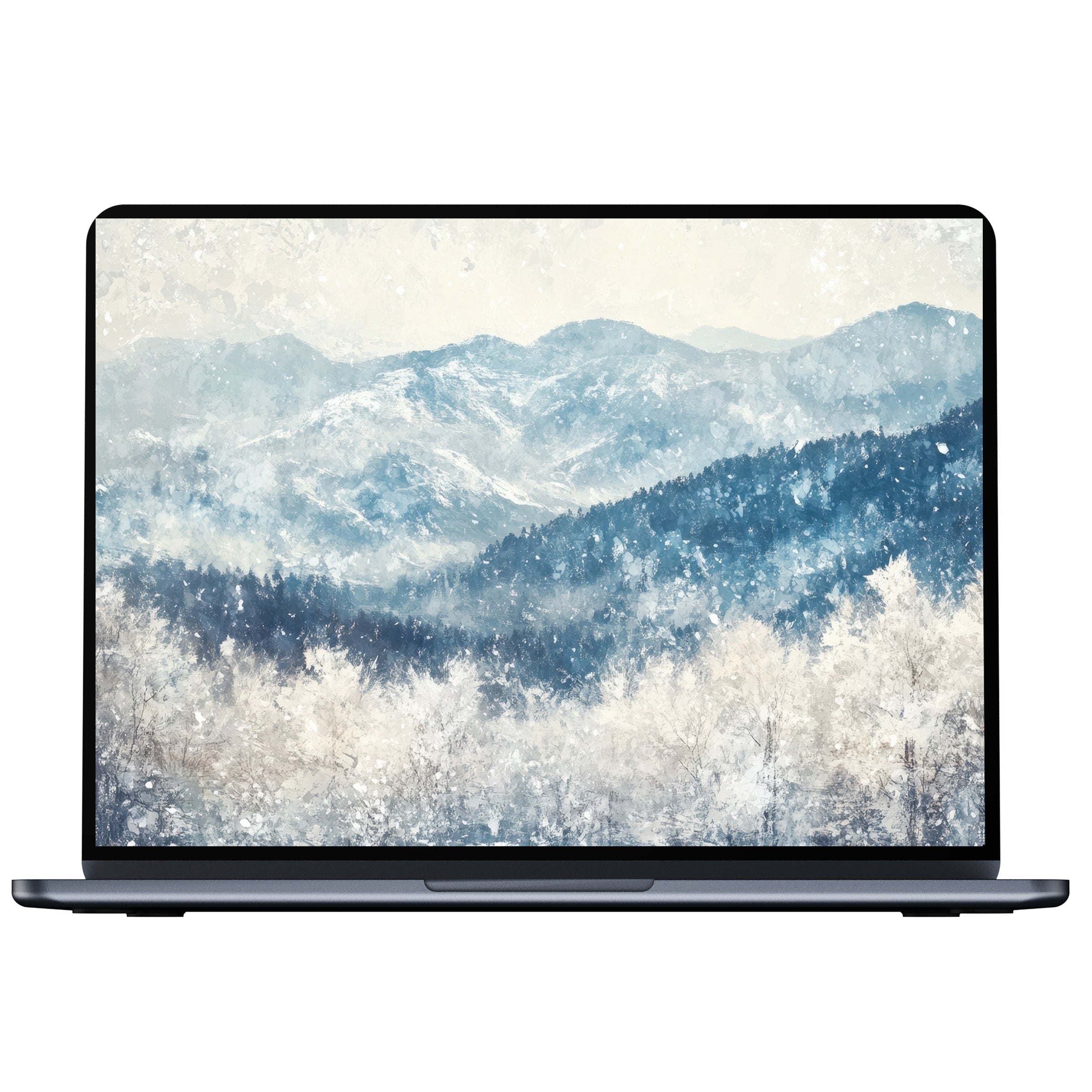 Winter desktop wallpaper featuring serene snowy mountains and forests in cool blues, perfect digital download for PC or laptop tranquility