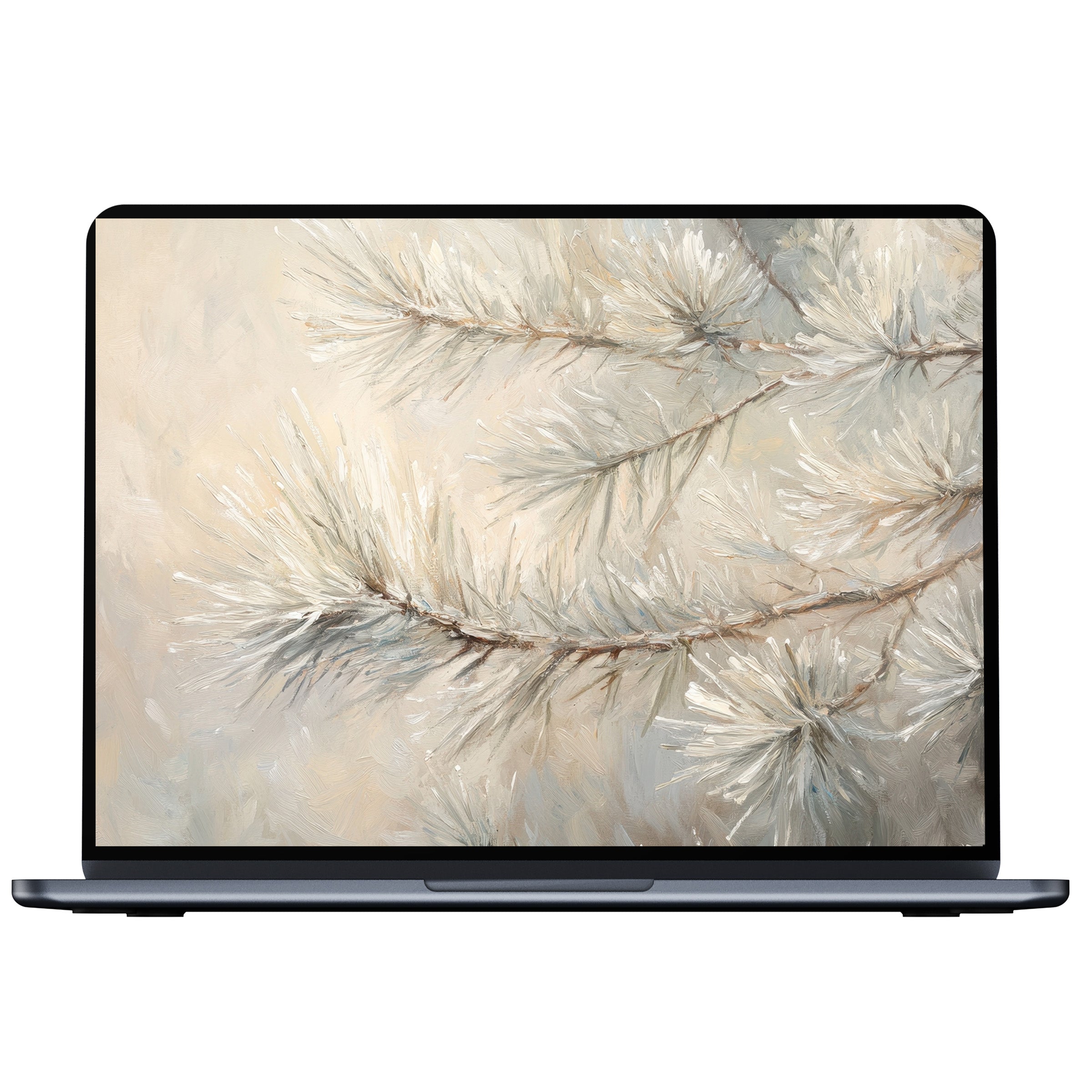 Elegant winter desktop wallpaper featuring soft-painted pine branches evokes calm, fits PC, laptop, Mac for mindful digital download