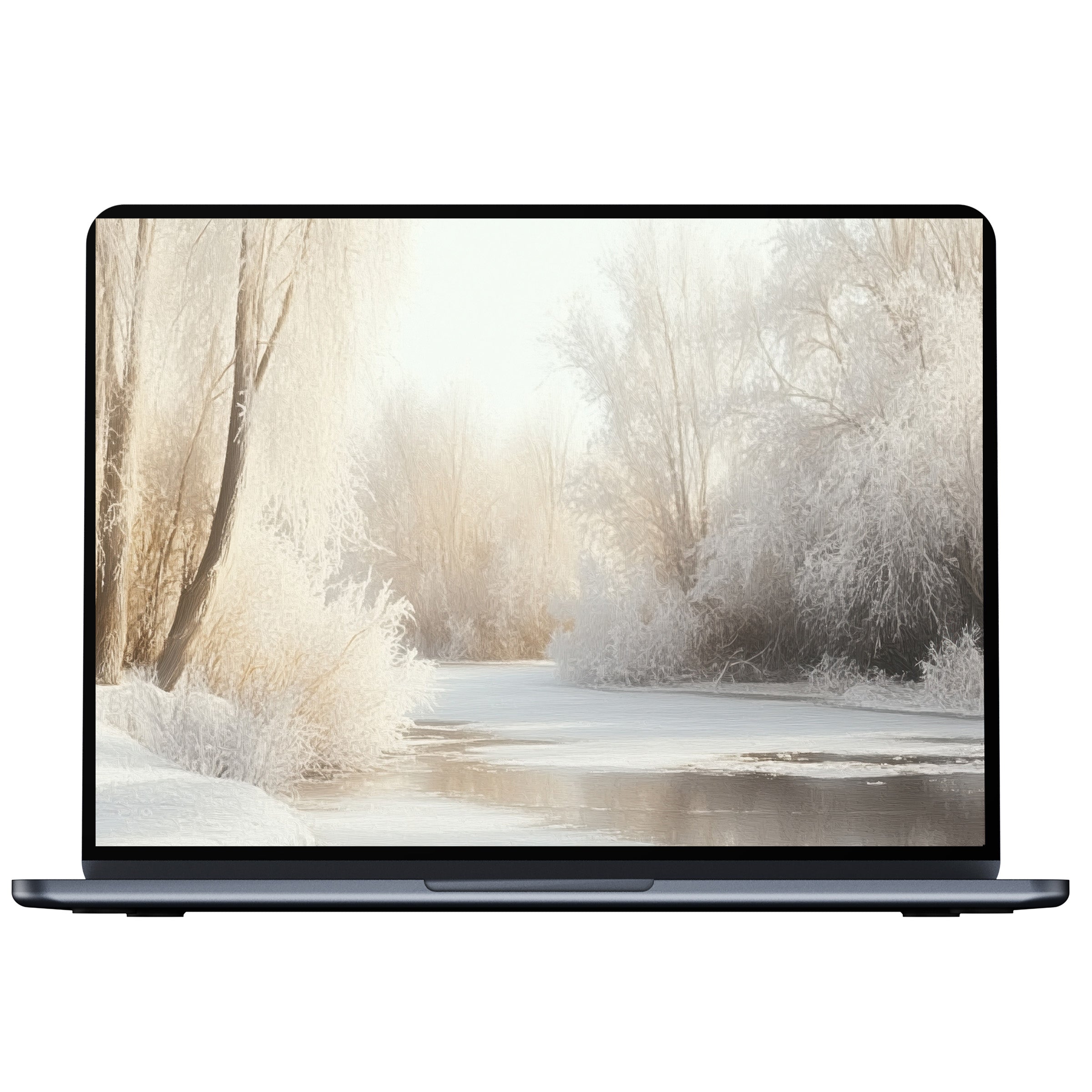 Serene winter desktop wallpaper digital download for PC and laptop showcasing frosted trees by a tranquil icy river enhancing calm