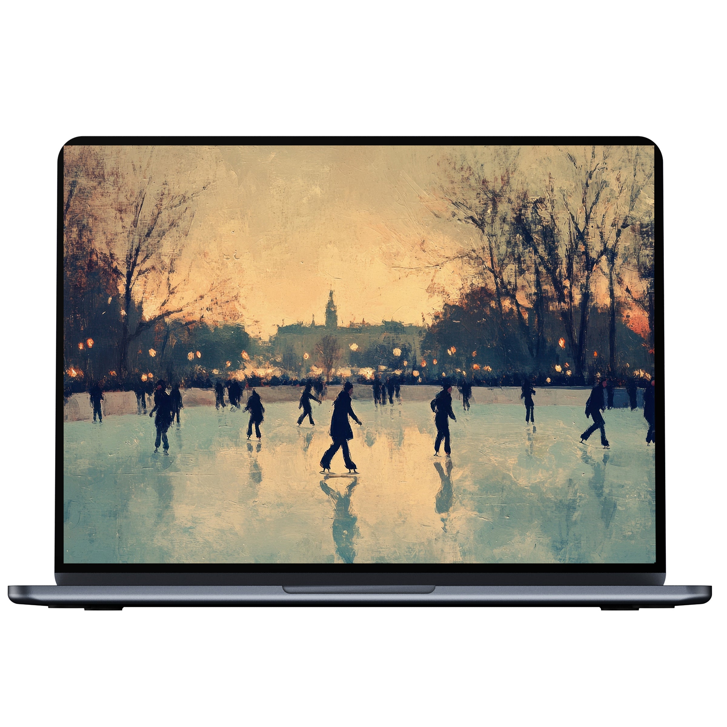 Winter desktop wallpaper digital download of serene ice skaters at sunset blends elegance with calm for PC and laptop screens