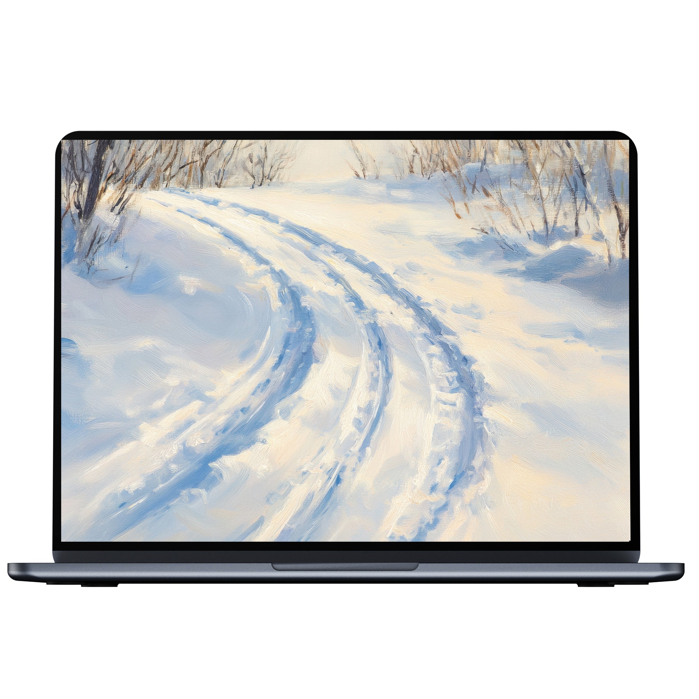 Winter desktop wallpaper with serene snow tracks in soft blue hues for PC and laptop digital download for elegant inspiration