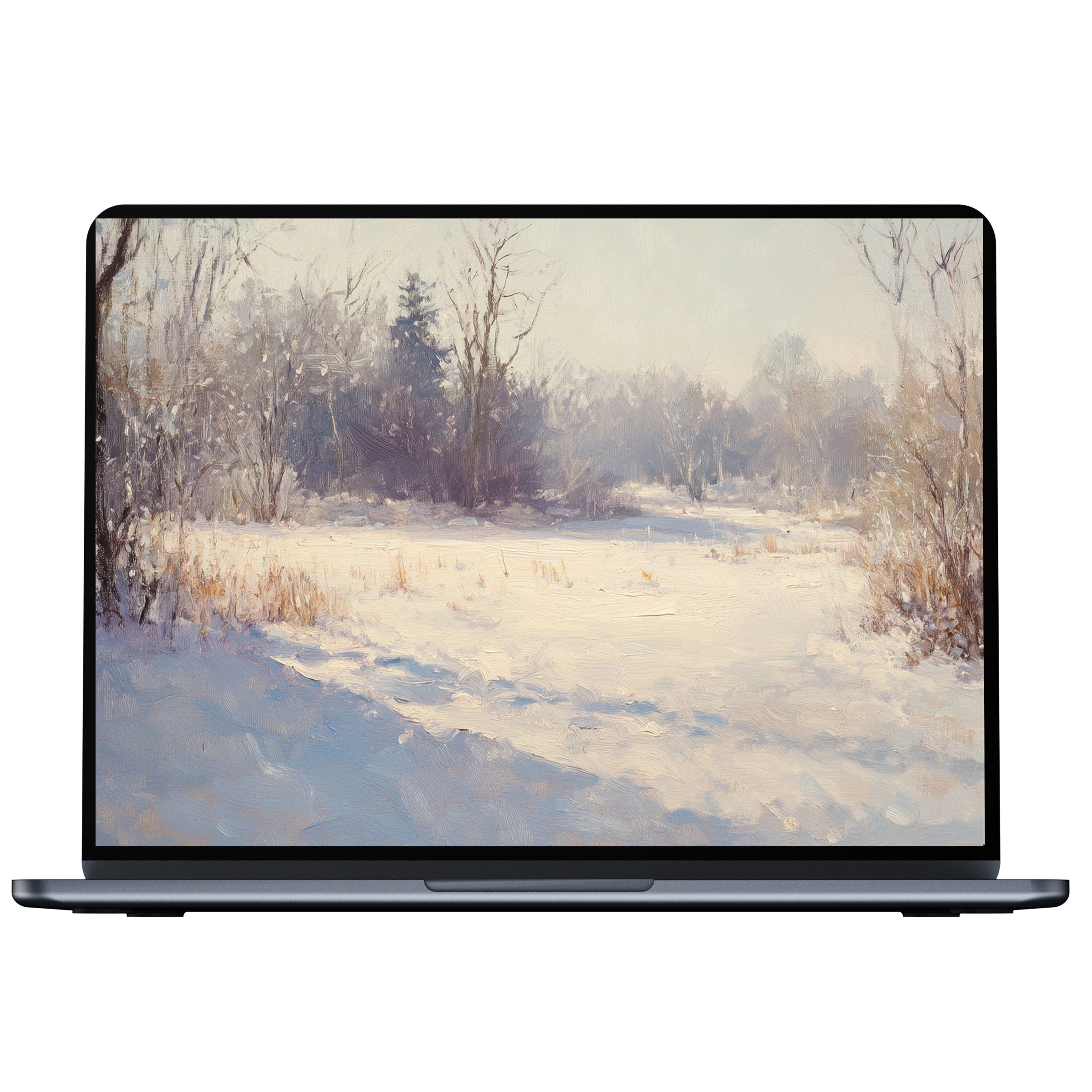 Elegant winter desktop wallpaper featuring serene snowy landscape, perfect digital download for PC, laptop, or Mac inspiration