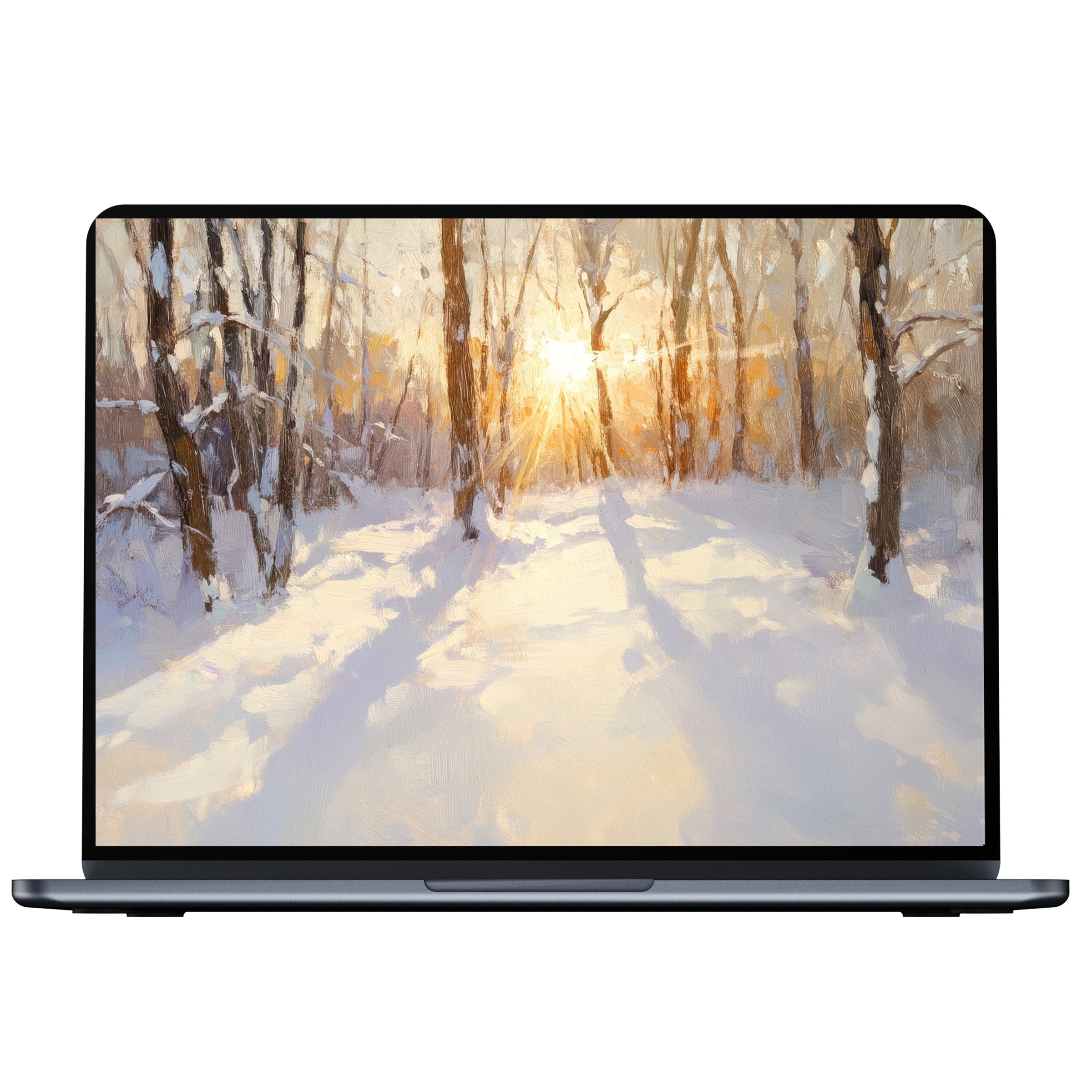 Elegant winter desktop wallpaper with a serene sunlit snowy forest scene for PC and laptop digital download inspiring calm mindfulness