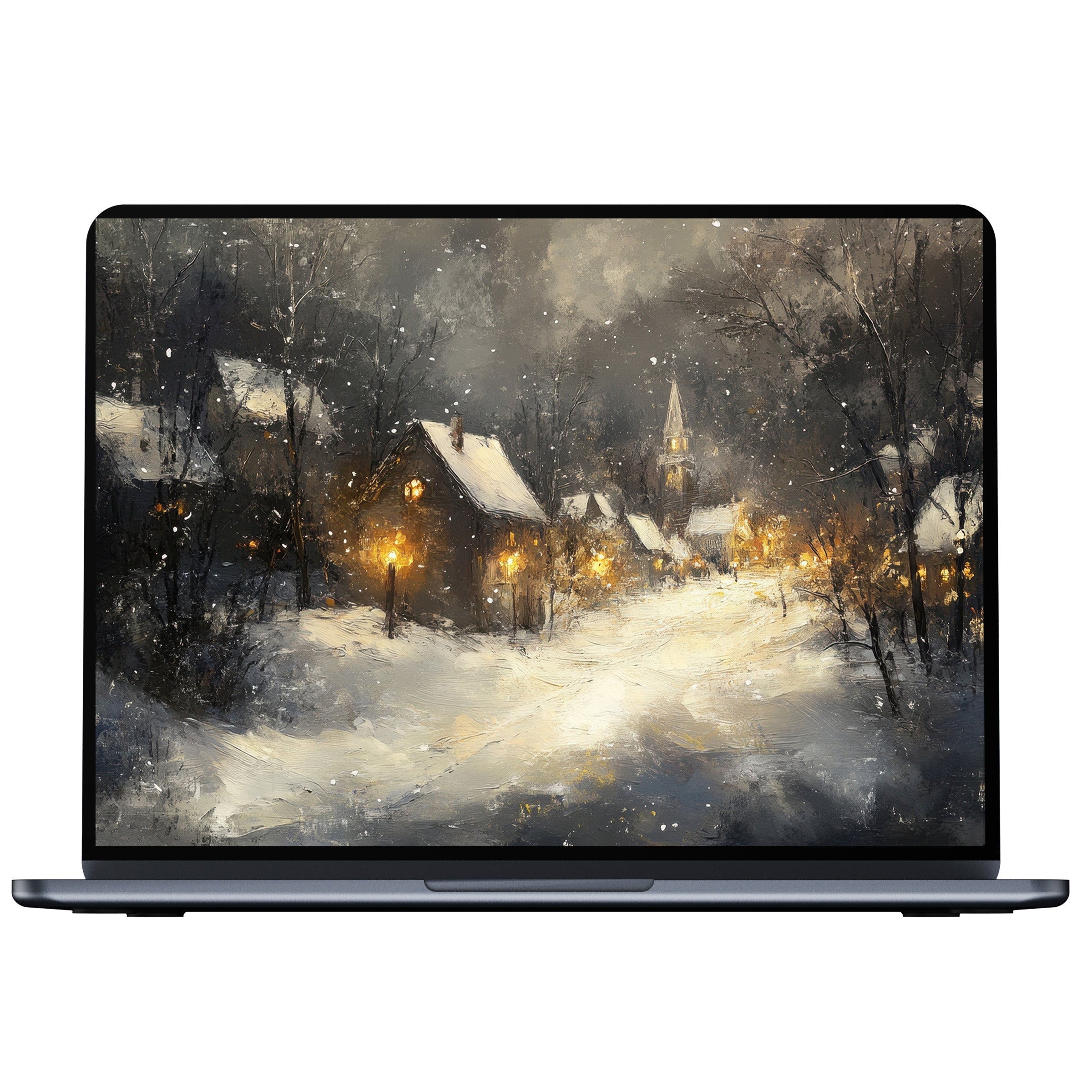 Charming winter desktop wallpaper featuring a snowy village scene at dusk, perfect digital download for PC, laptop, or Mac users