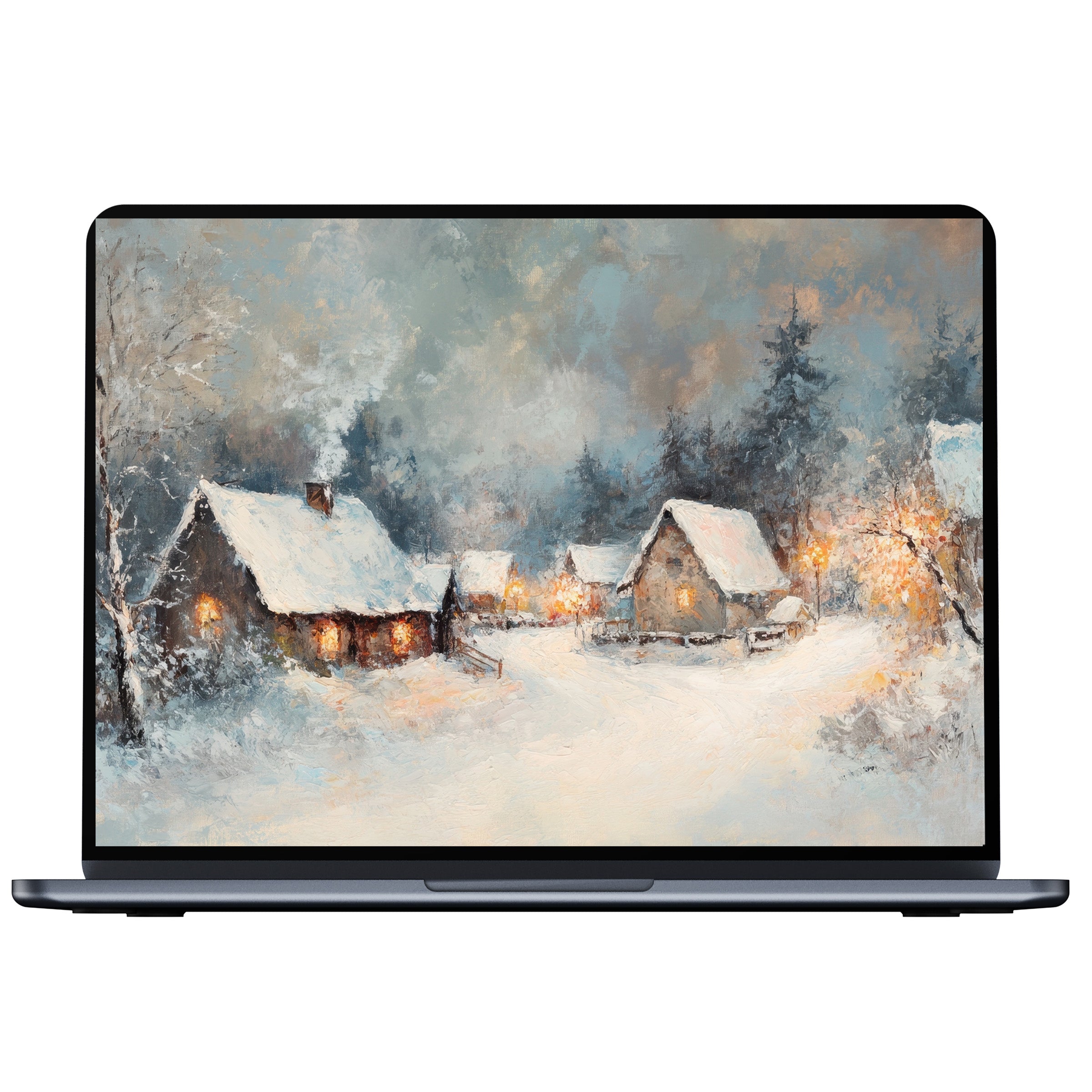 Winter desktop wallpaper features a serene snowy village, evoking warmth and calm, perfect for PC, laptop, or Mac digital download