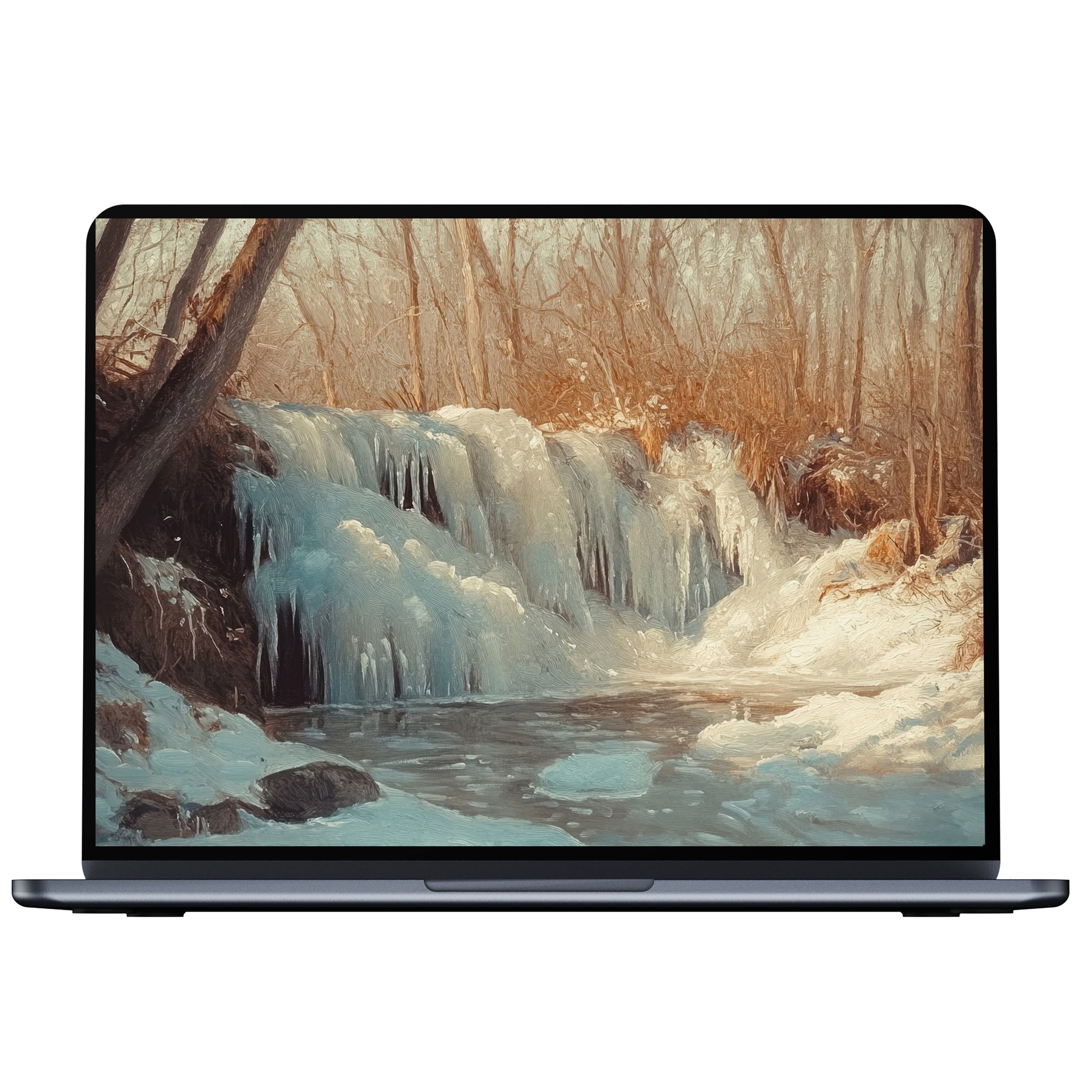 Inspiring winter desktop wallpaper digital download features a serene snowy waterfall scene perfect for PC or laptop backgrounds