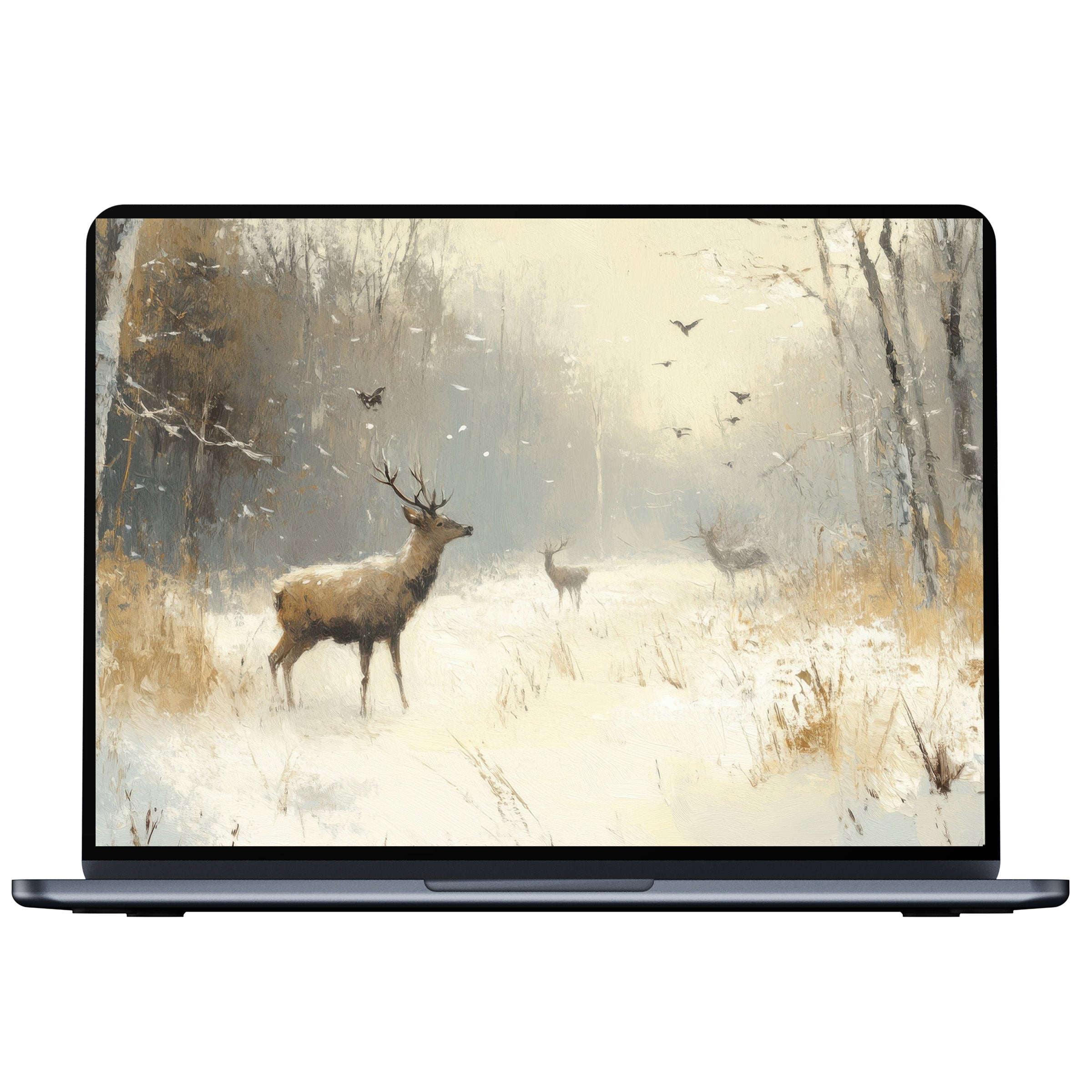Elegant winter desktop wallpaper featuring serene deer in a snowy forest digital download ideal for PC or laptop enhancing calm