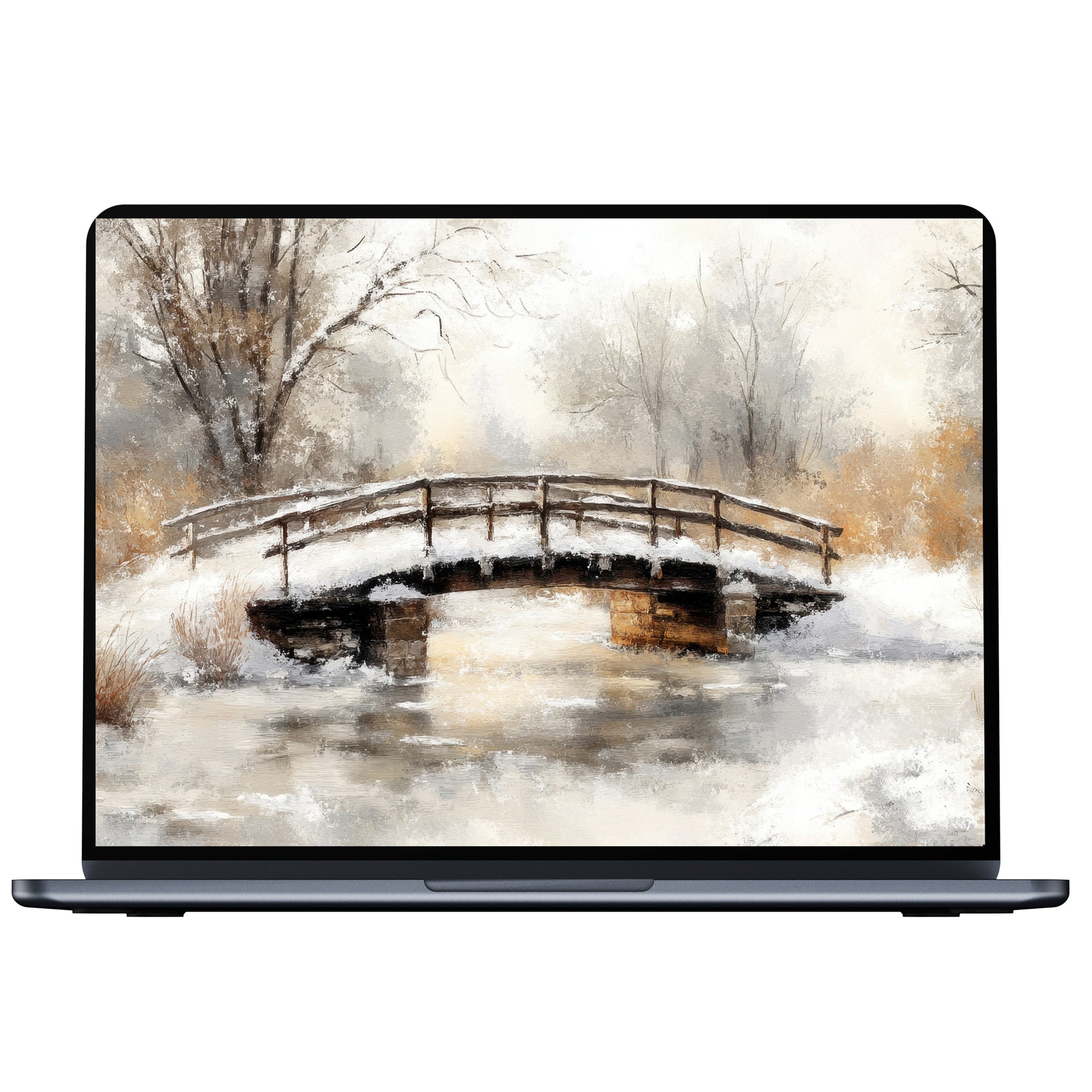Winter desktop wallpaper with serene snowy bridge scene digital download for PC and laptop offers elegant, calming inspiration