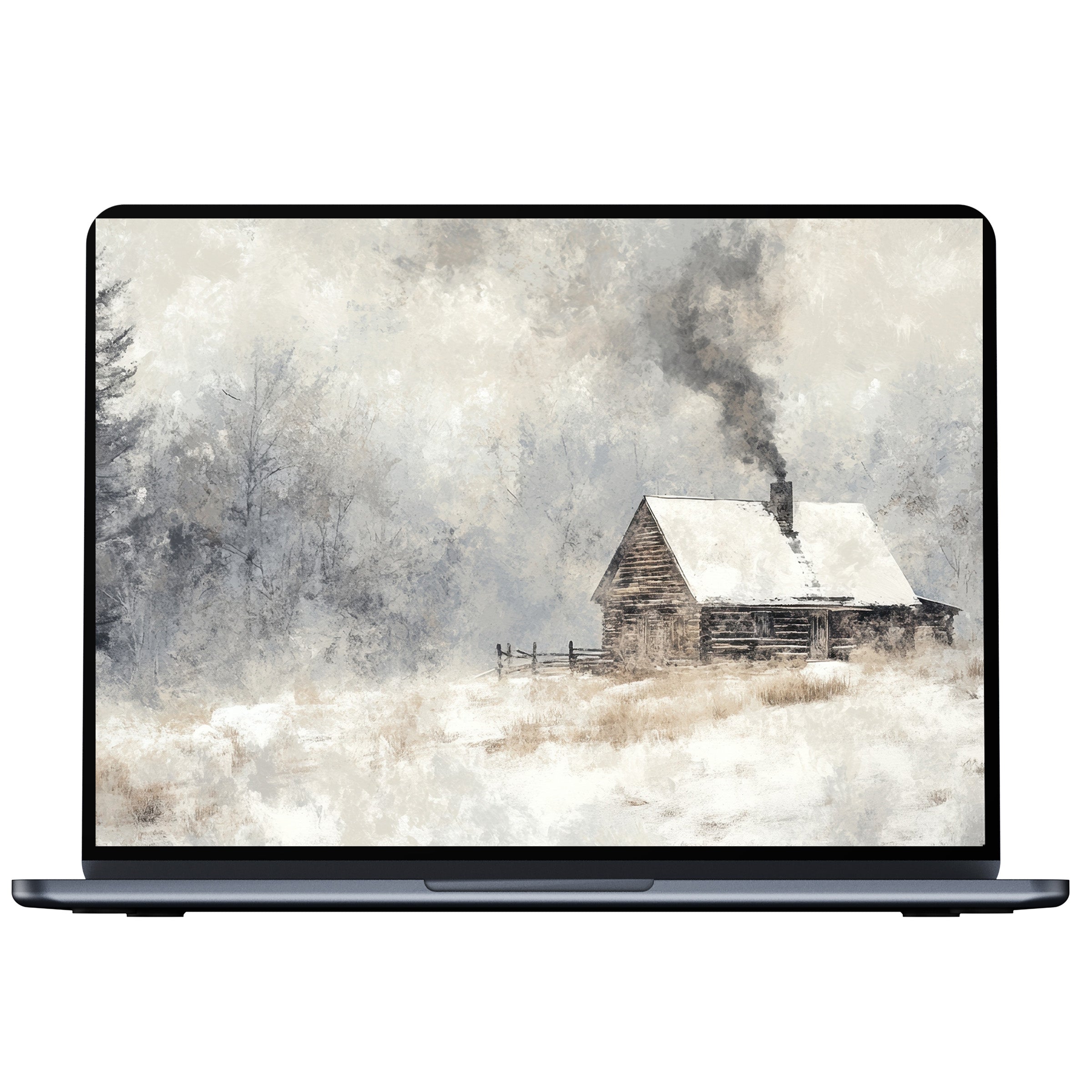 Winter desktop wallpaper featuring a serene snowy cabin scene, perfect for PC and laptop digital download, inspiring calm elegance