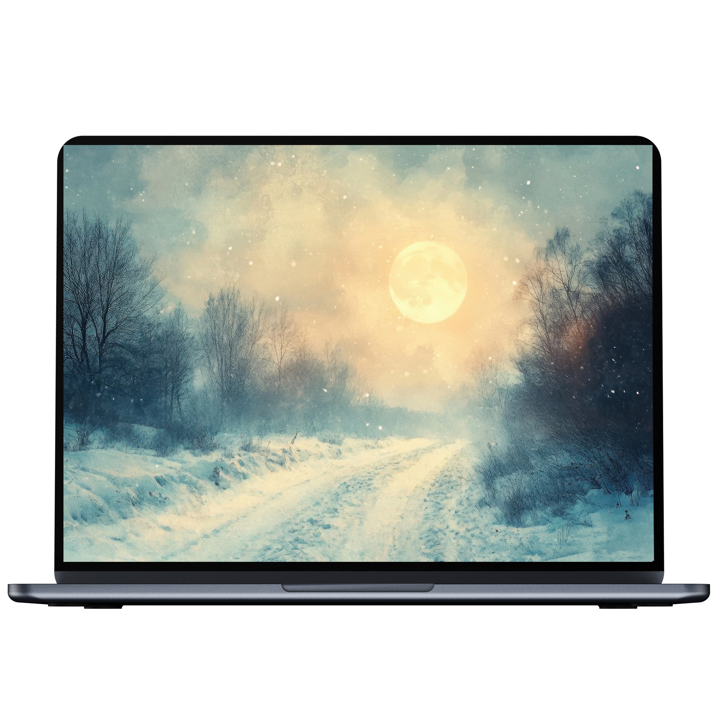 Elegant winter desktop wallpaper featuring a moonlit snowy path, digital download for pc or laptop creating calm inspiration