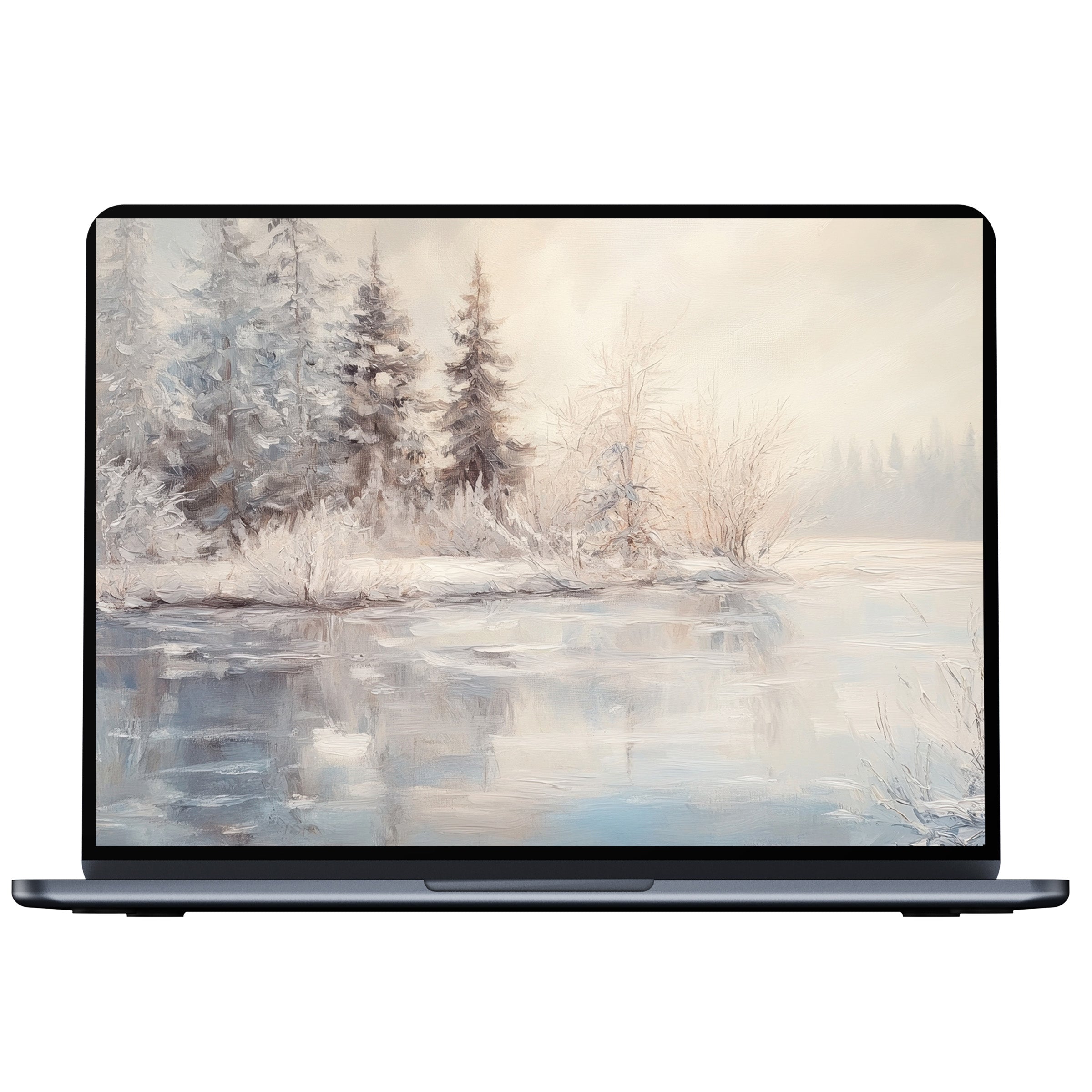 Winter desktop wallpaper showcasing serene snowy trees reflecting in a tranquil lake ideal digital download for PC or laptop users