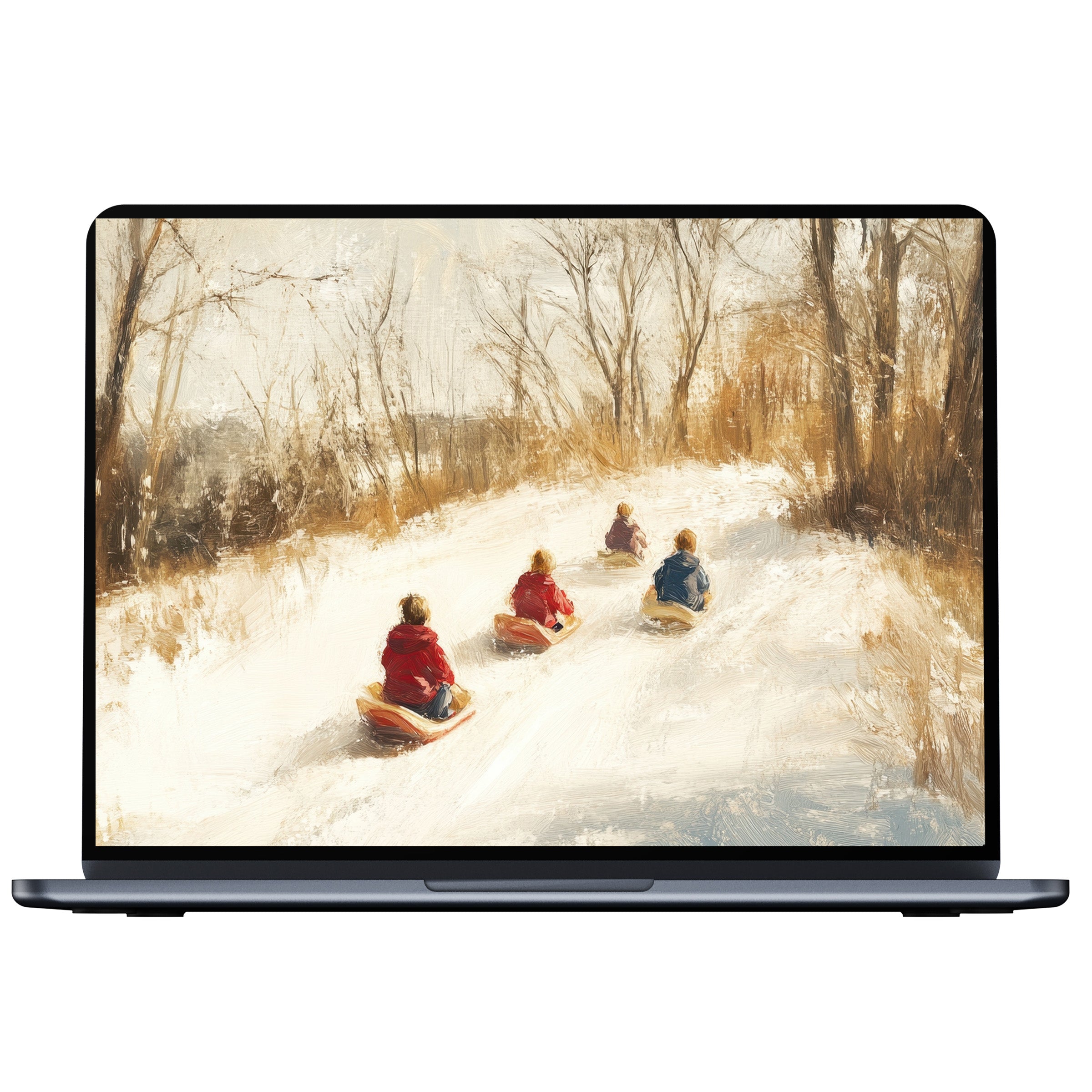 Winter desktop wallpaper digital download features an inspiring snowy landscape painting with sledders, perfect for PC or laptop backgrounds