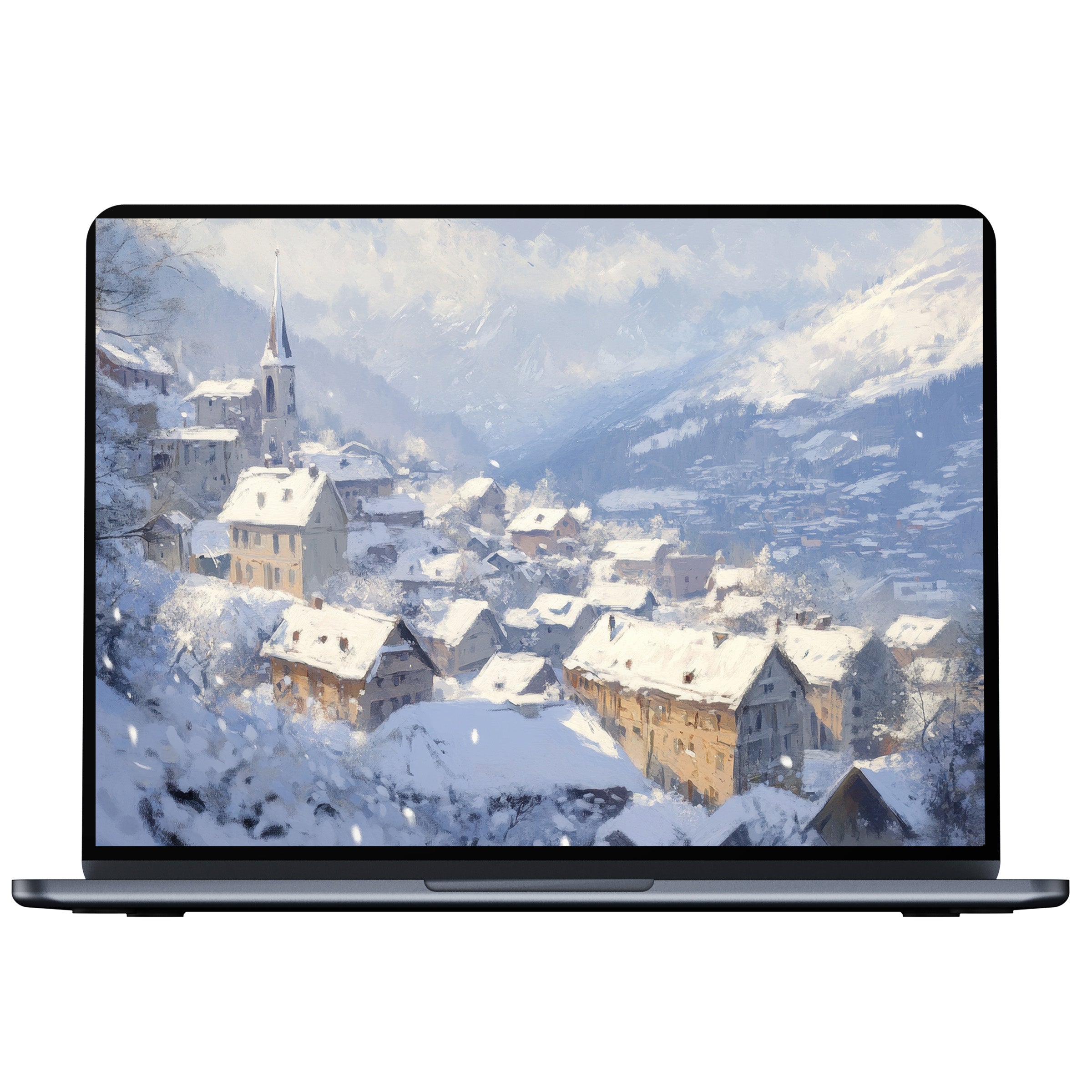 Winter desktop wallpaper featuring a serene snow-covered village painting for digital download, perfect for PC and laptop displays