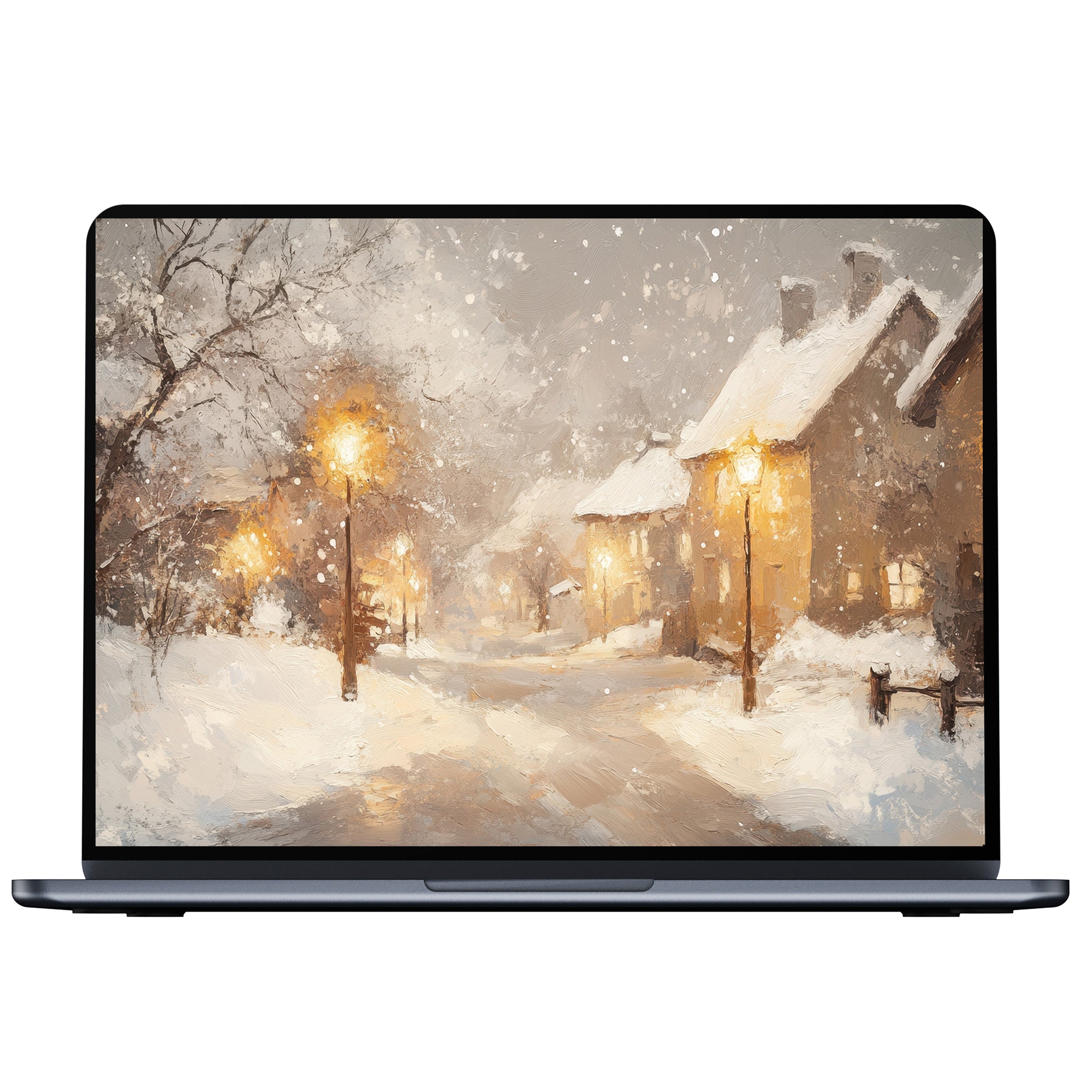 Inspiring winter desktop wallpaper digital download features serene snowy village scene, perfect for PC, Laptop, or Mac screens