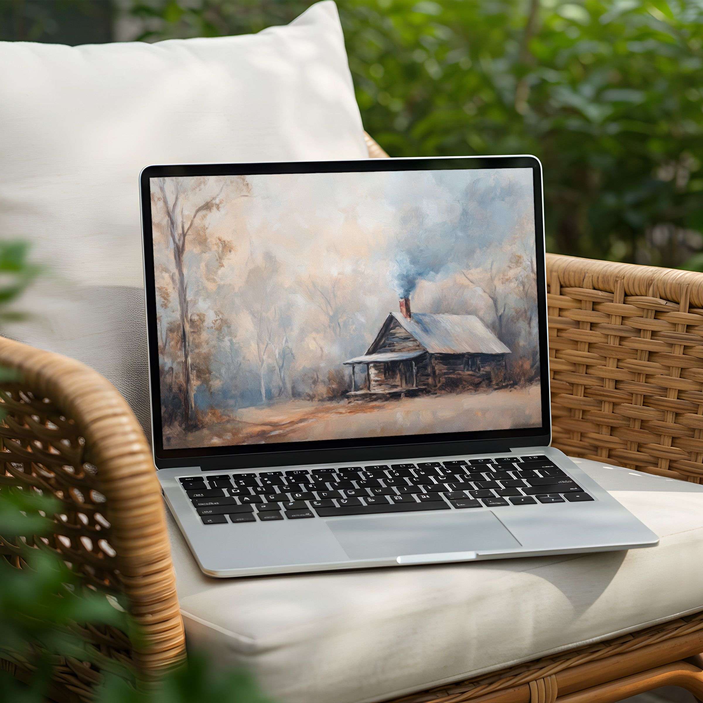 Tranquil cabin painting as desktop background for PC and Laptop offers instant download to inspire calm and mindful elegance