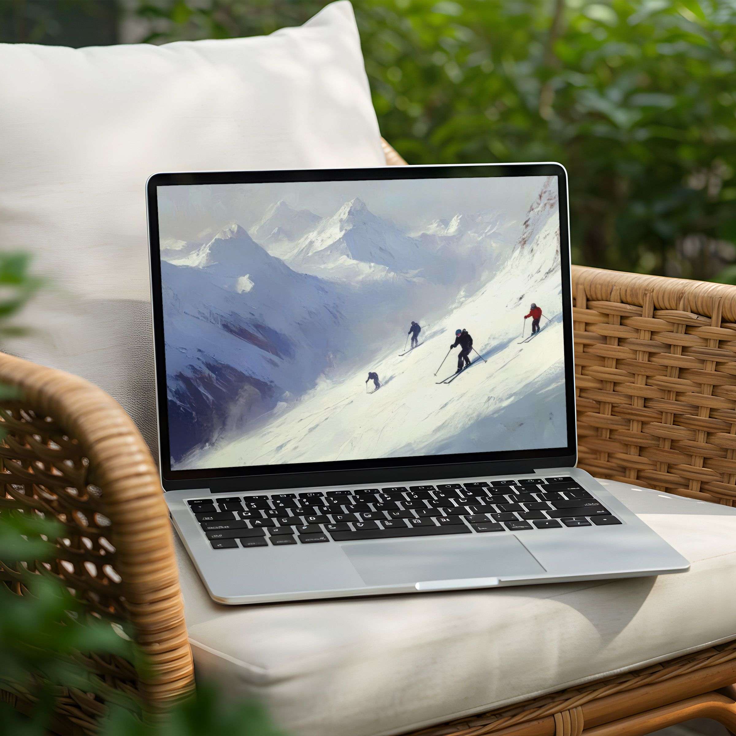 Elegant snowy mountain scene on a PC laptop desktop background offers instant download for inspiring and mindful tranquility