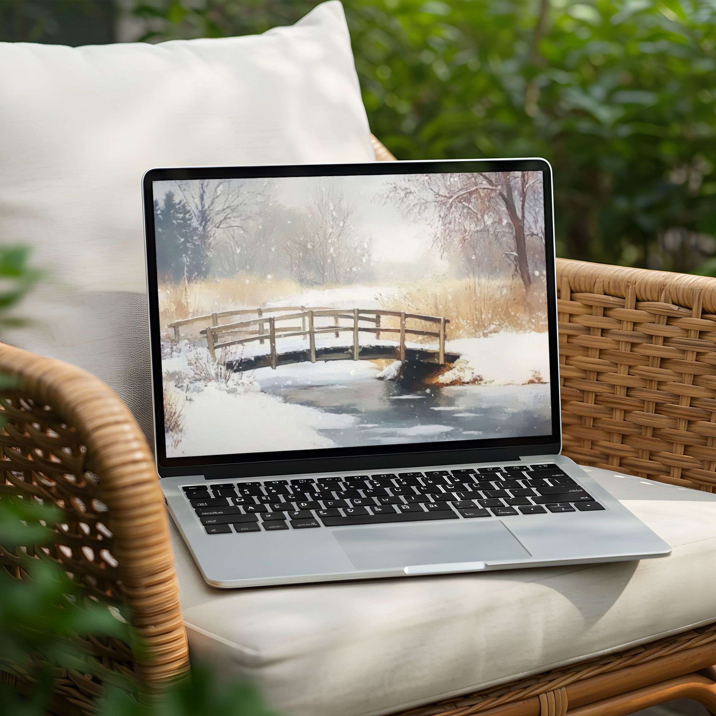 Elegant snowy bridge desktop background for PC or Laptop instantly downloadable inspiring calm and sustainable mindfulness