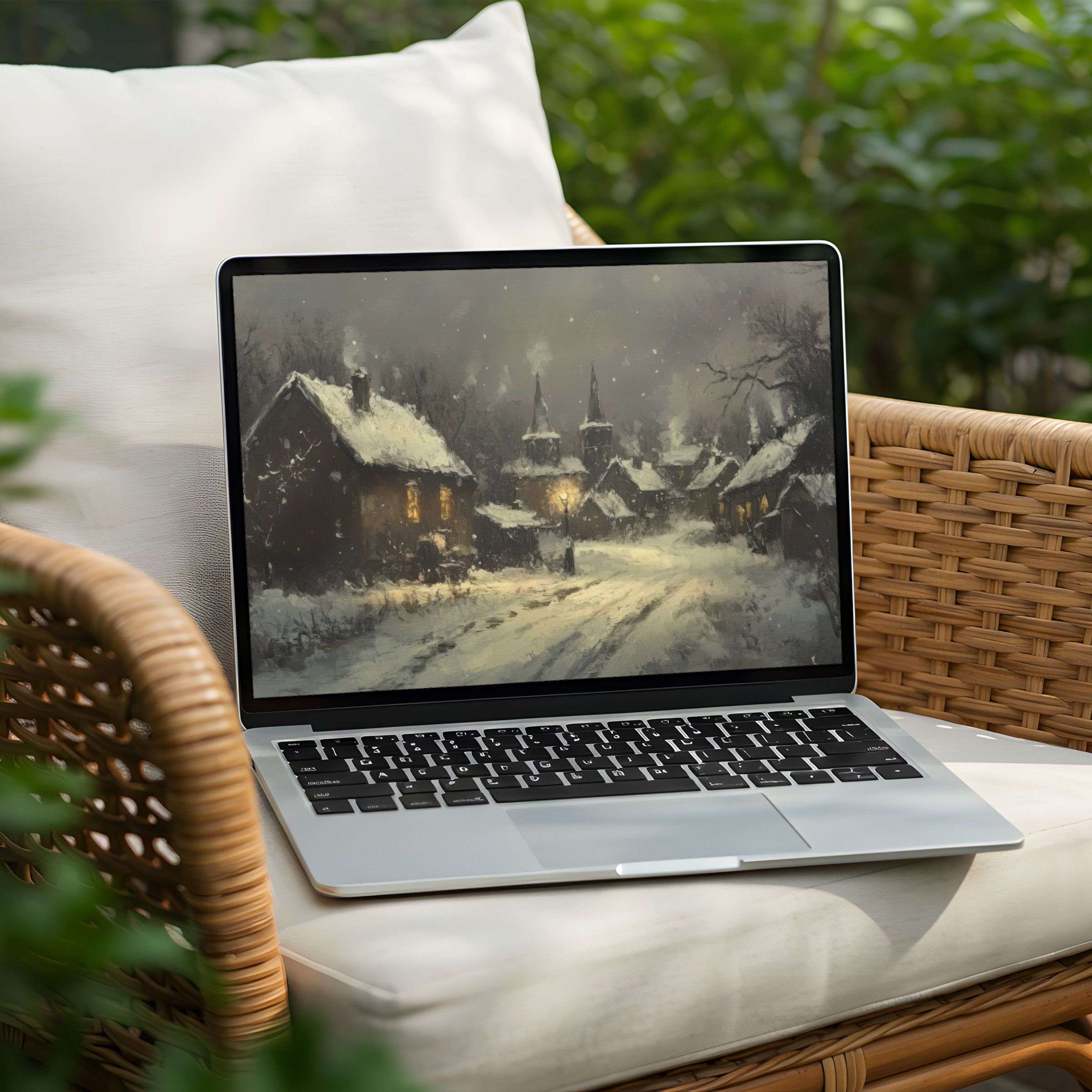 Tranquil, snowy village digital art desktop background on a PC or laptop, offering instant download for serene inspiration