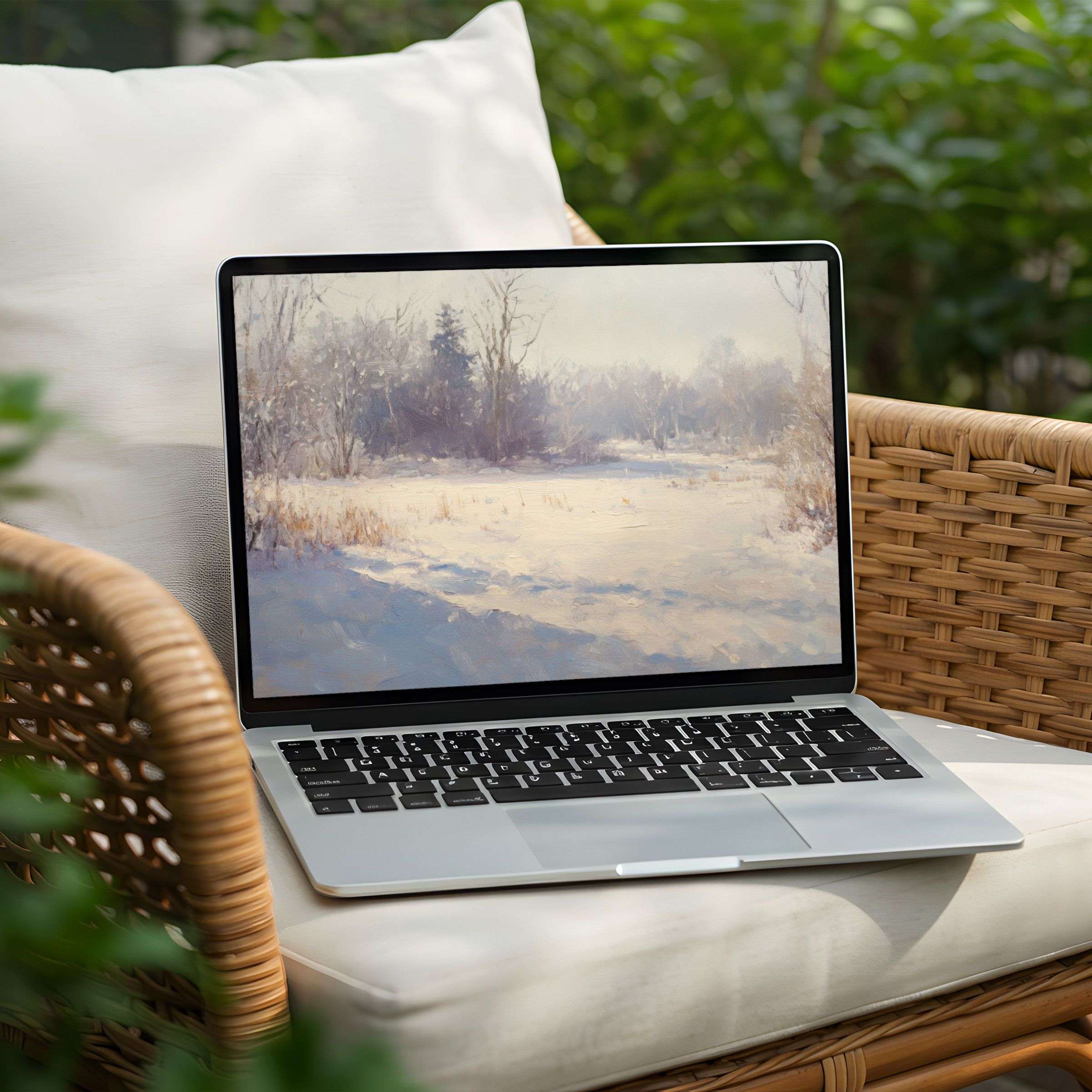 Serene winter landscape desktop background for PC and Laptop instant download offers elegance inspiring mindfulness and calm