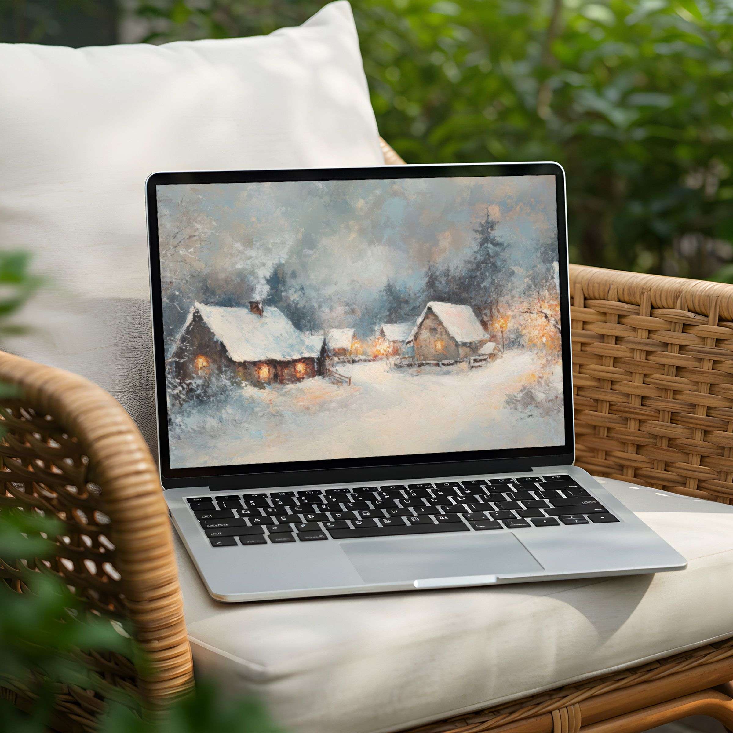 Snowy cabin scene desktop background for PC or Laptop enhances tranquility and style, perfect for instant download