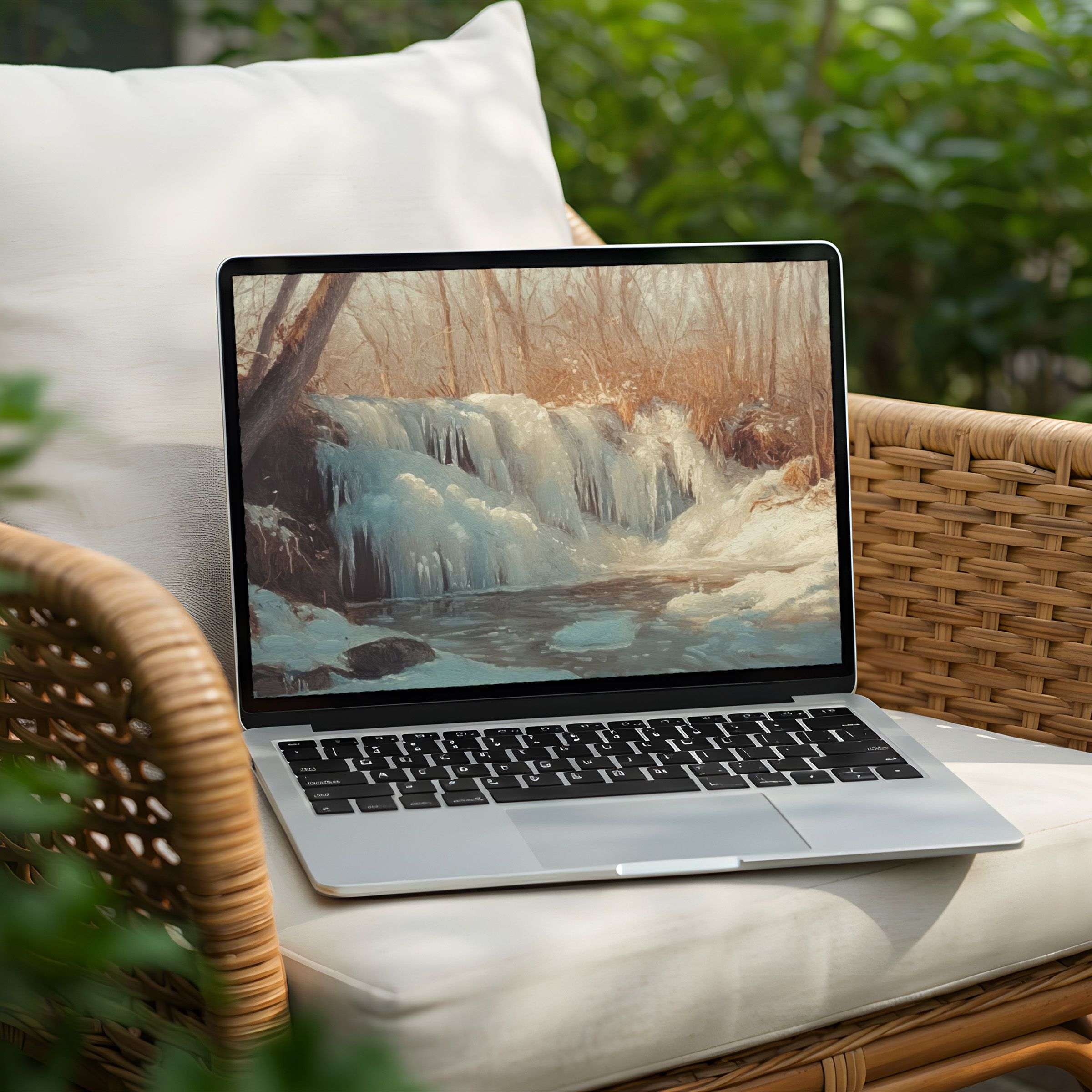 Serene waterfall painting desktop background for PC or Laptop instant download offering calm elegance and mindful inspiration