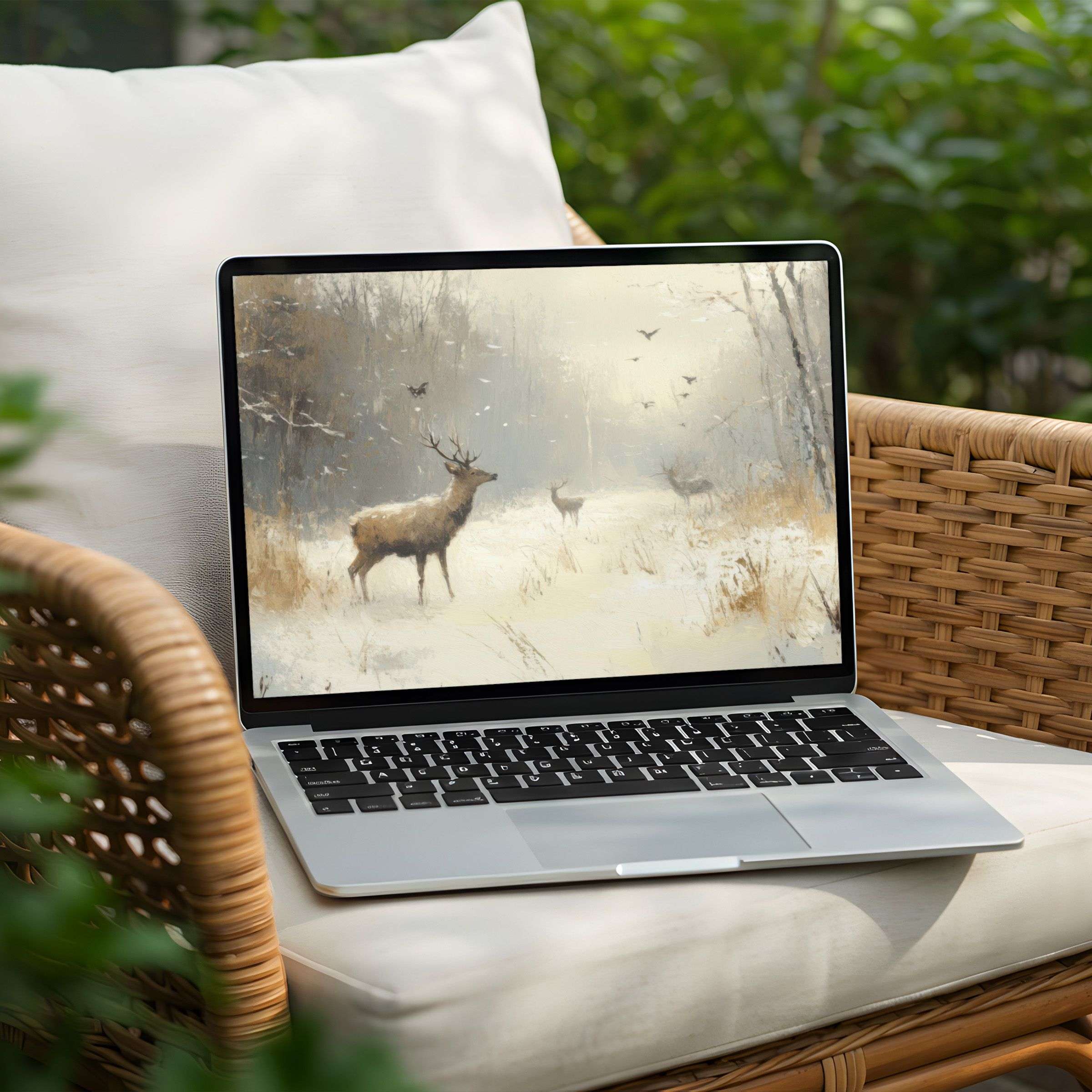 Elegant snowy forest desktop background for PC or Laptop instant download inspiring calm and mindfulness in any workspace