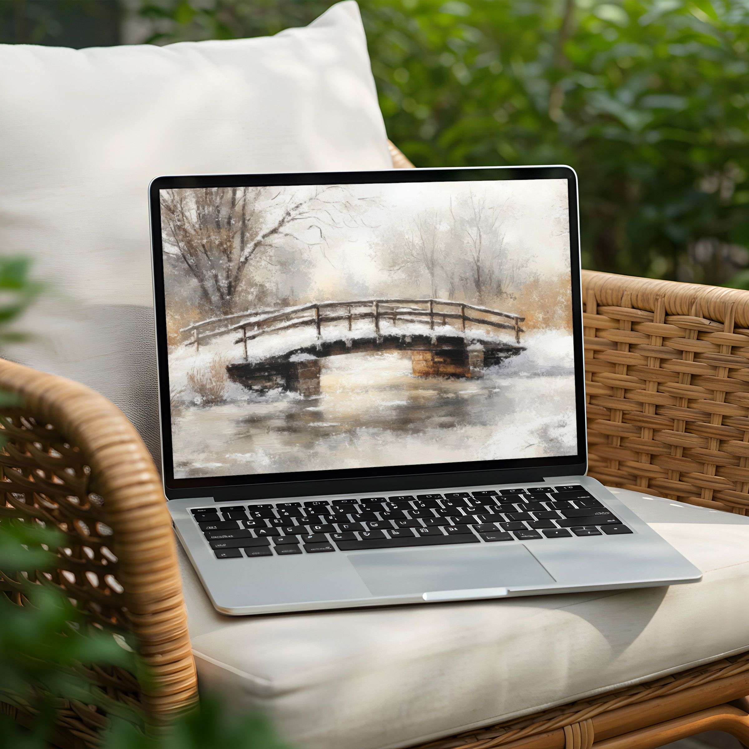 Tranquil snowy bridge desktop background for instant download, perfect for PC and Laptop users seeking calm and inspiration