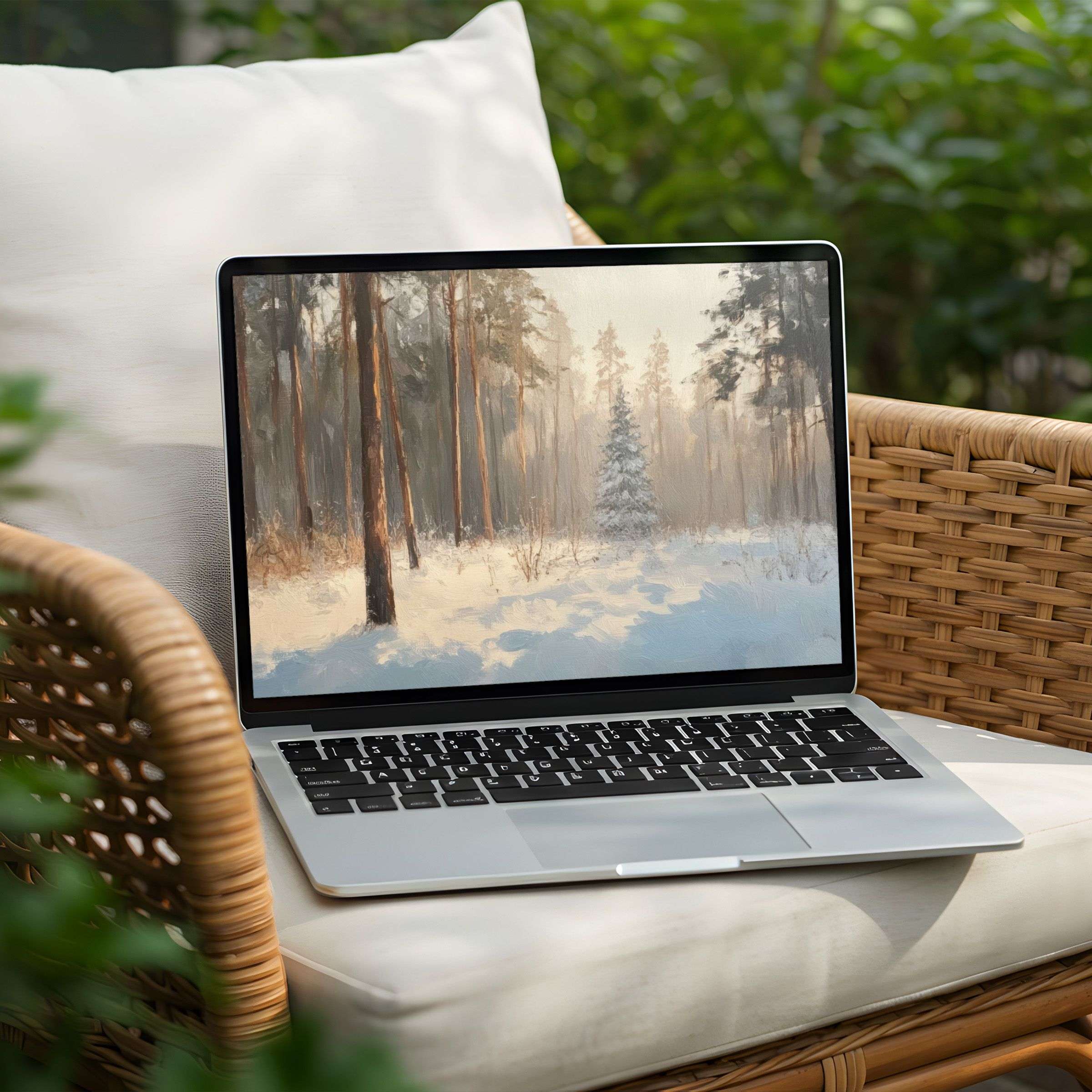 Elegant winter forest desktop background for PC and Laptop instant download inspires calm and mindfulness with serene nature tones