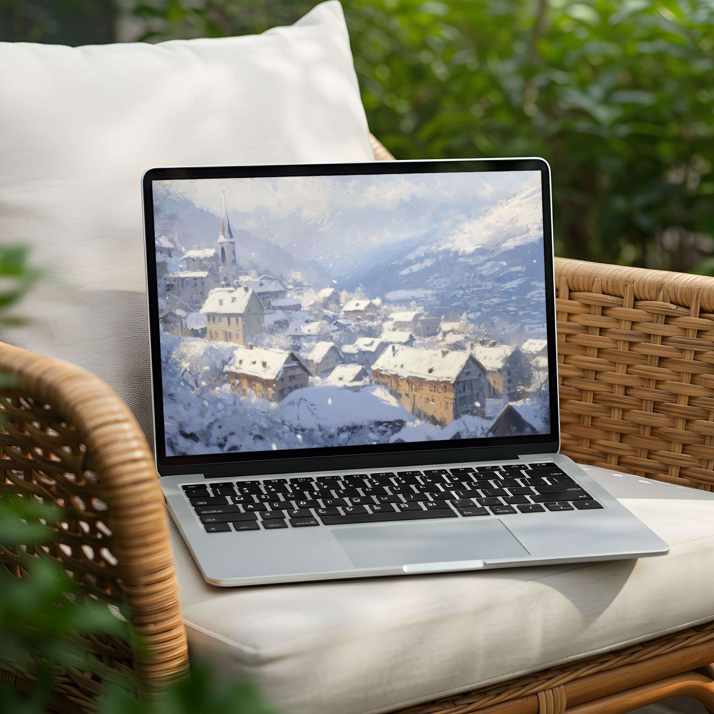Snowy village painting as desktop background on a sleek laptop offers instant download for PC users seeking calm inspiration