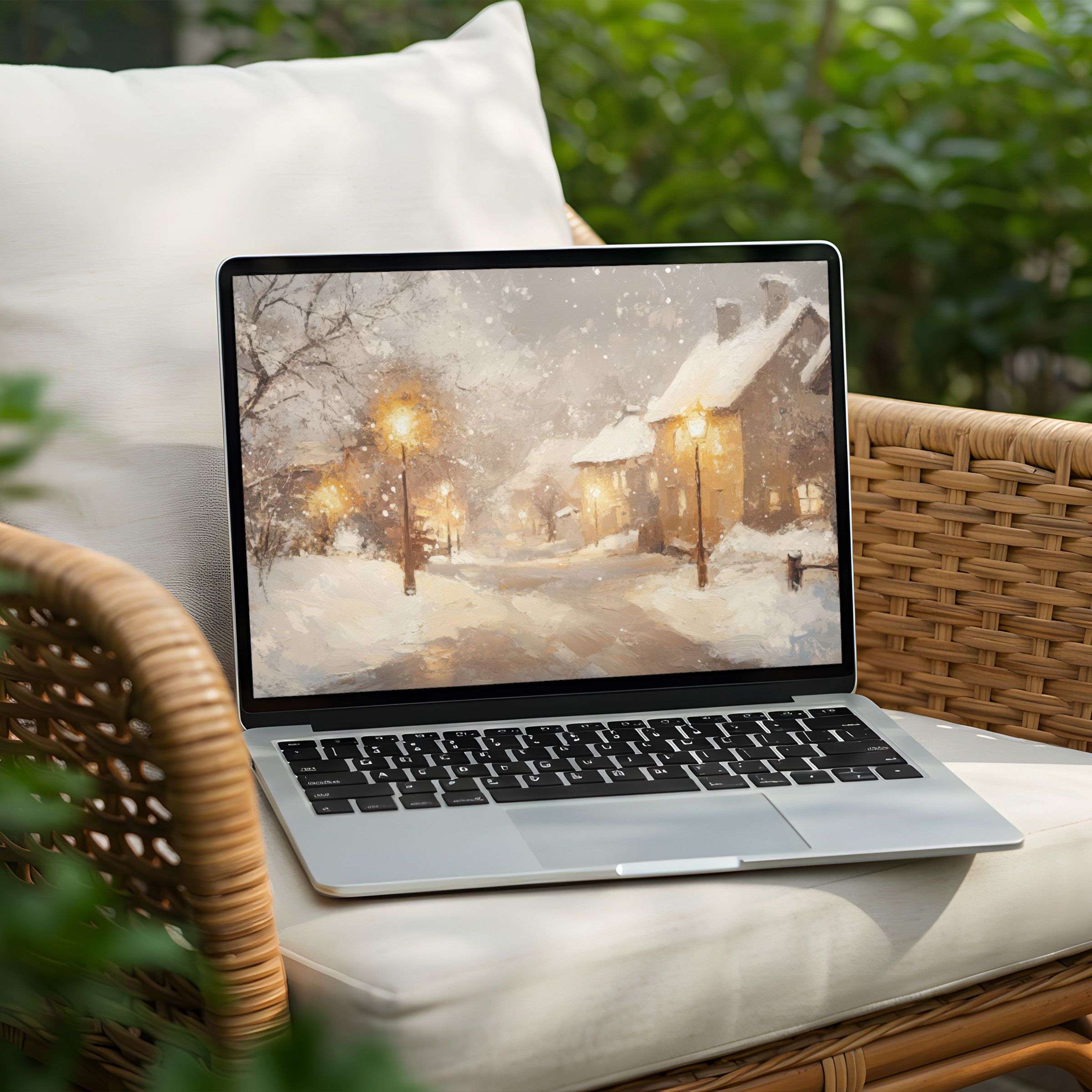 Snowy village desktop background for PC and Laptop instant download for serene elegance and inspiring mindfulness