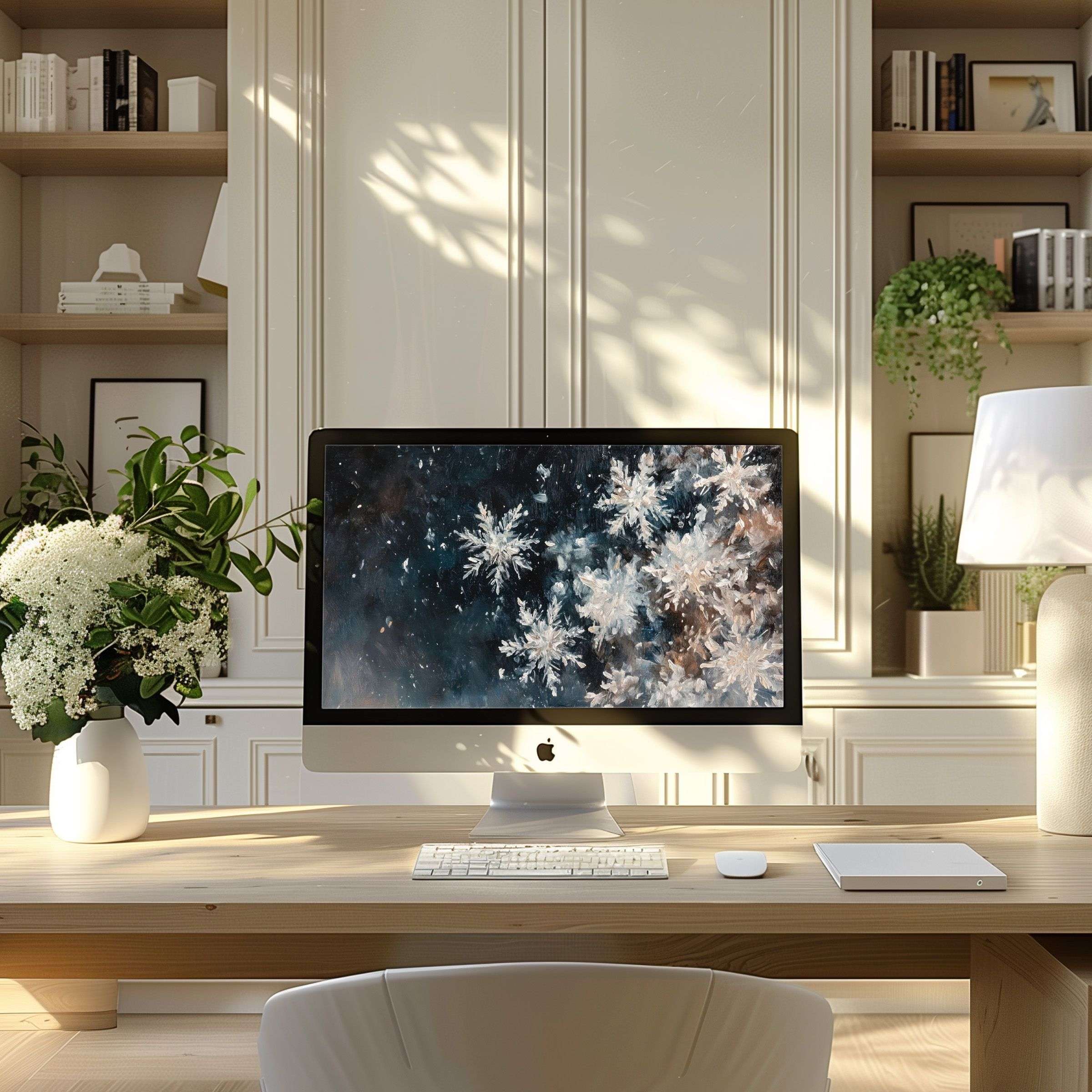 Inspiring snowflake wallpaper for computer adds calm elegance to your modern home office suitable for PC and Laptop screens